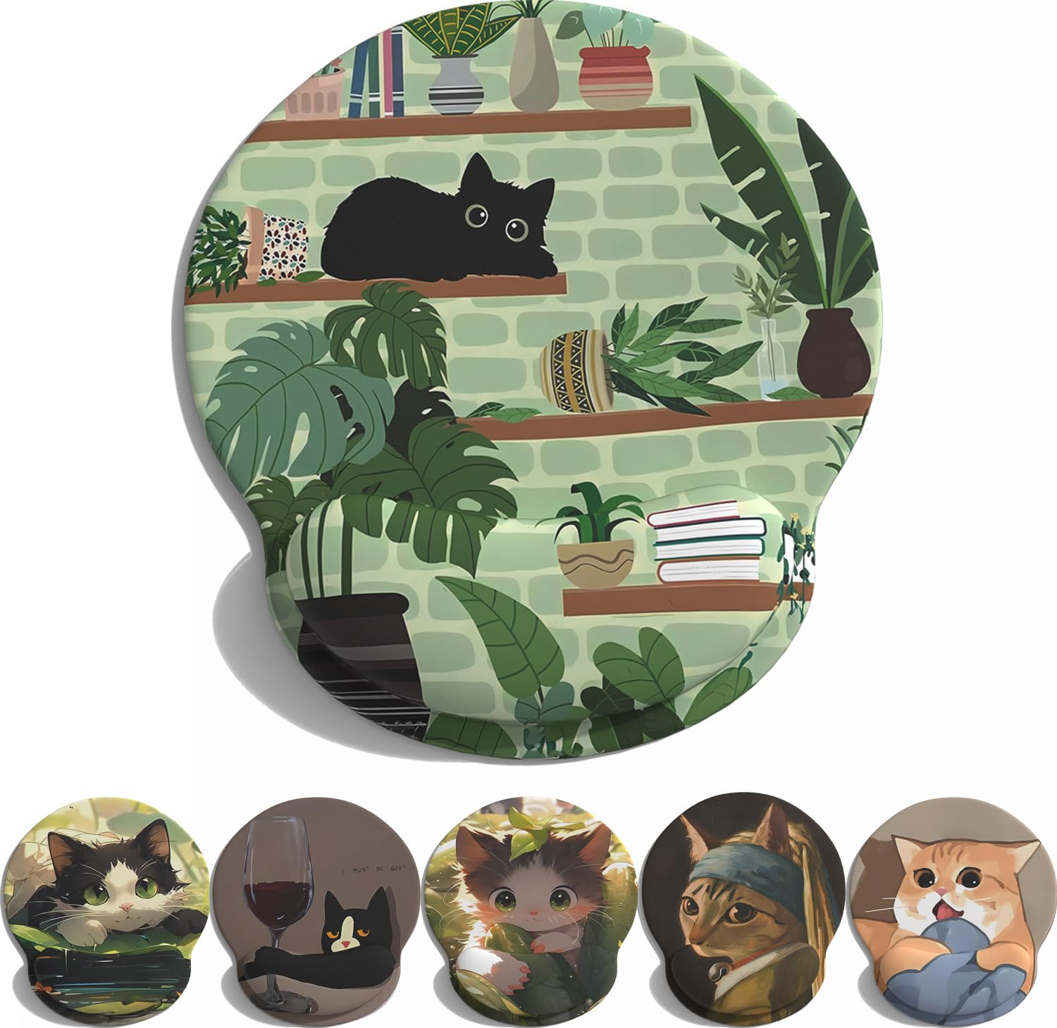 Ergonomic Mouse Pad with Wrist Support & Massage Design - Cute Green Black Cat Bonsai Gaming Mouse Pad, Non-Slip PU Base - Perfect for Office, Gaming & Home Desk Accessories