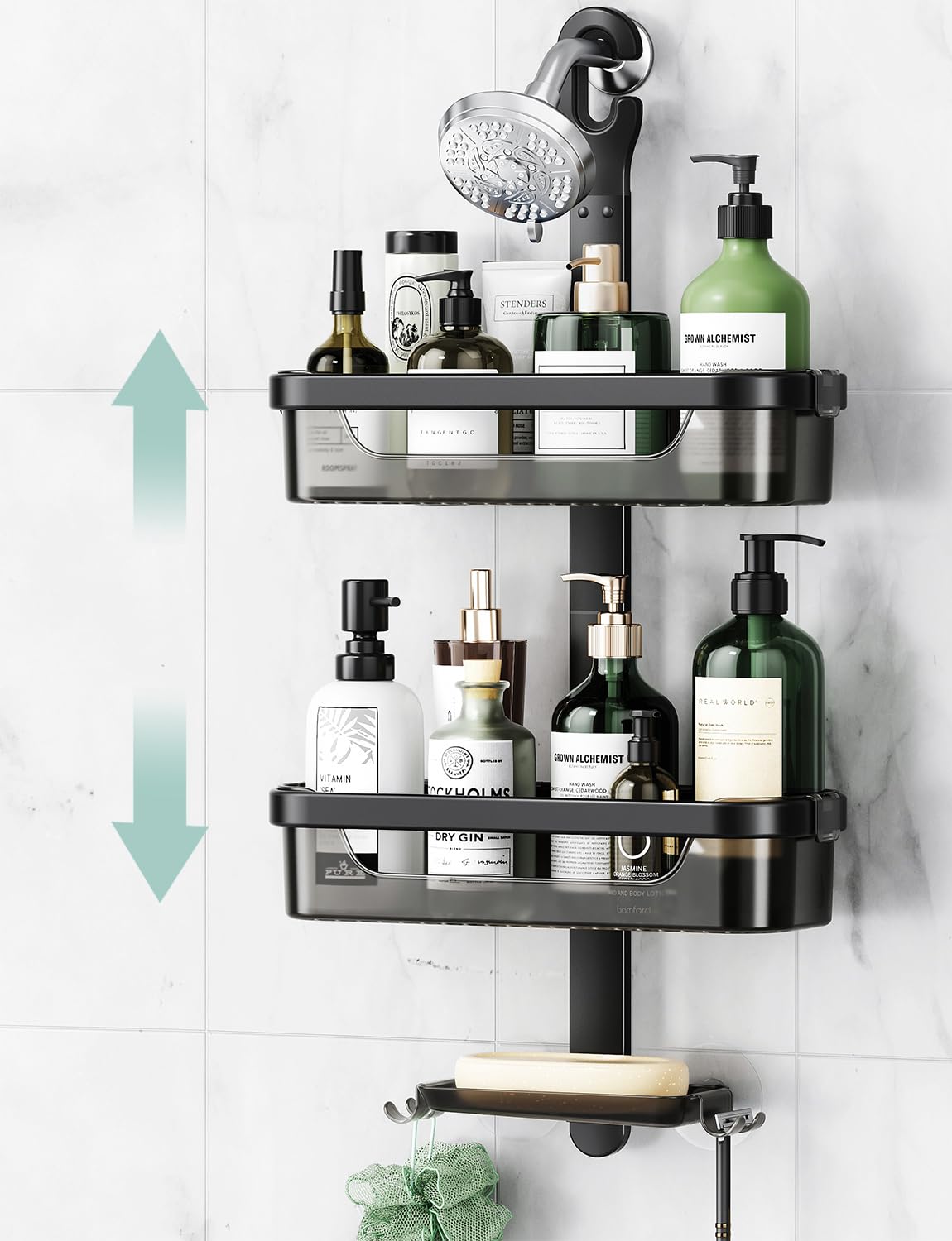 LAMU Adjustable Shower Caddy Organizer - 3-Tier Rustproof Aluminum Alloy + ABS Hanging Storage with Hooks, Razor Holder & Soap Dish (Black) - Perfect for Bathroom Organization & Small Space Storage