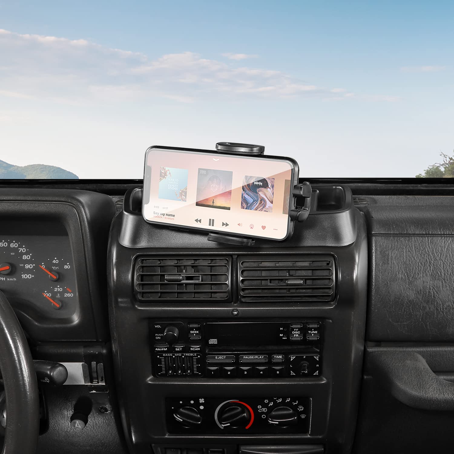 Jeep Wrangler TJ 1997-2006 Car Phone Mount Holder with Storage Tray - Universal Dash-Mount Organizer for Smartphones - Perfect Interior Accessory for Off-Road Adventures & Daily Commutes