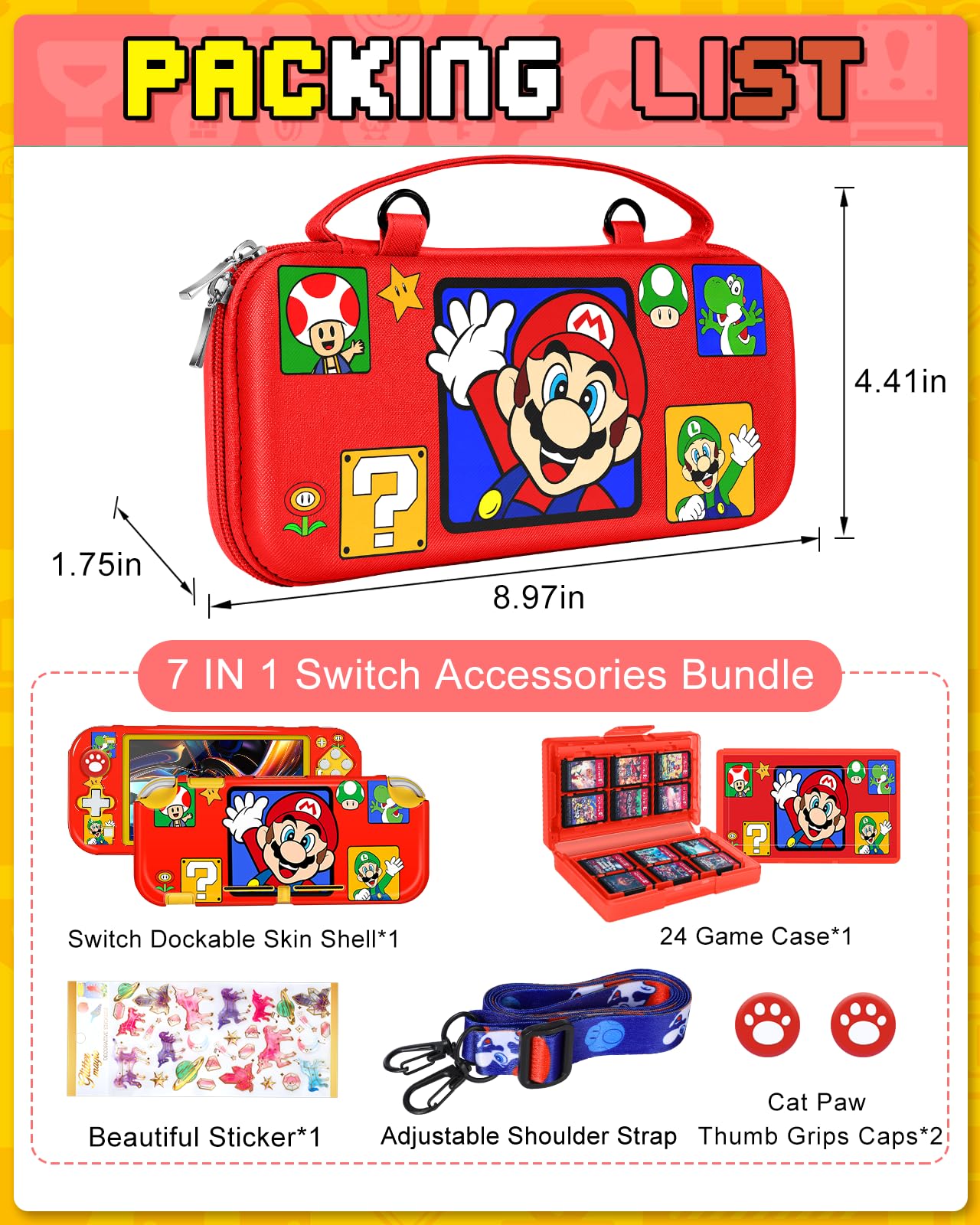 Xinocy 7-in-1 Nintendo Switch Lite Accessories Kit - Travel Carrying Case, Protective Cover, Game Holder, Strap, Stickers & Thumb Caps - Cute Shell Design for Kids & Girls (Red) - Perfect for Gaming On-The-Go & Travel Protection