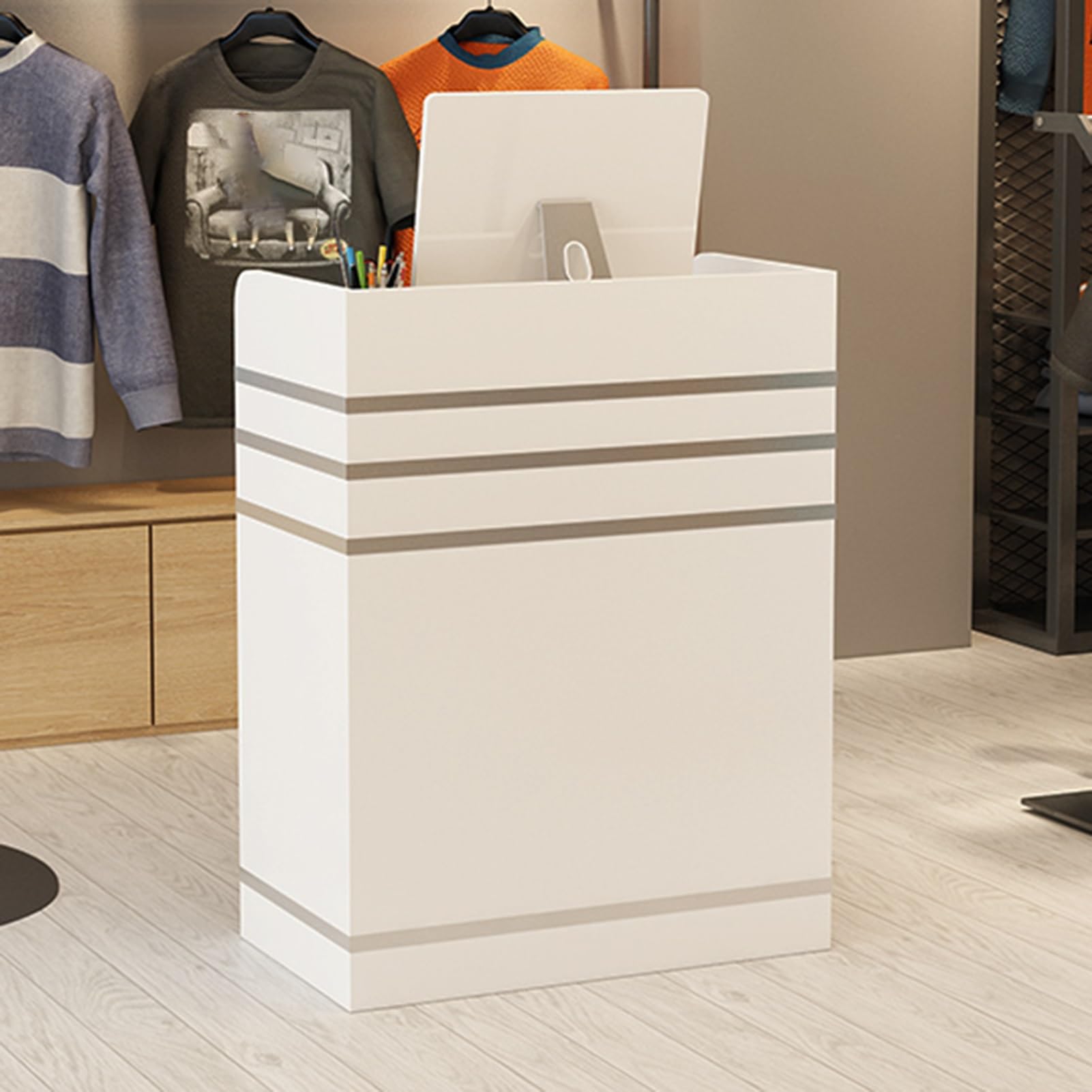 HARELA Reception Counter Desk - Compact Office Desk with Lockable Drawers for Small Spaces, Easy Assembly (Warm White) - Perfect for Checkout Counters, Lobby Reception, Salon Front Desk & Retail Stores