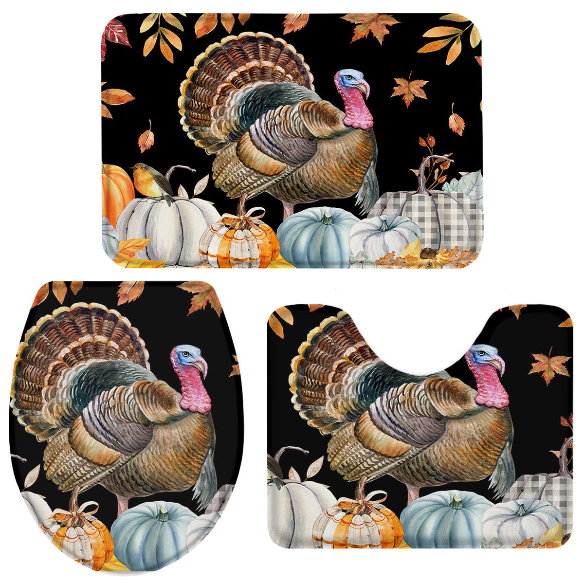 3 Piece Bathroom Rugs Set - Non-Slip Thanksgiving Turkey Harvest Pumpkin Maple Leaves Design, U-Shaped Bath Mat & Toilet Lid Cover, Super Absorbent Bath Mats for Bathroom, Tub & Shower (Large Size) - Perfect for Fall Decor, Guest Bathrooms & Cozy Home Comfort