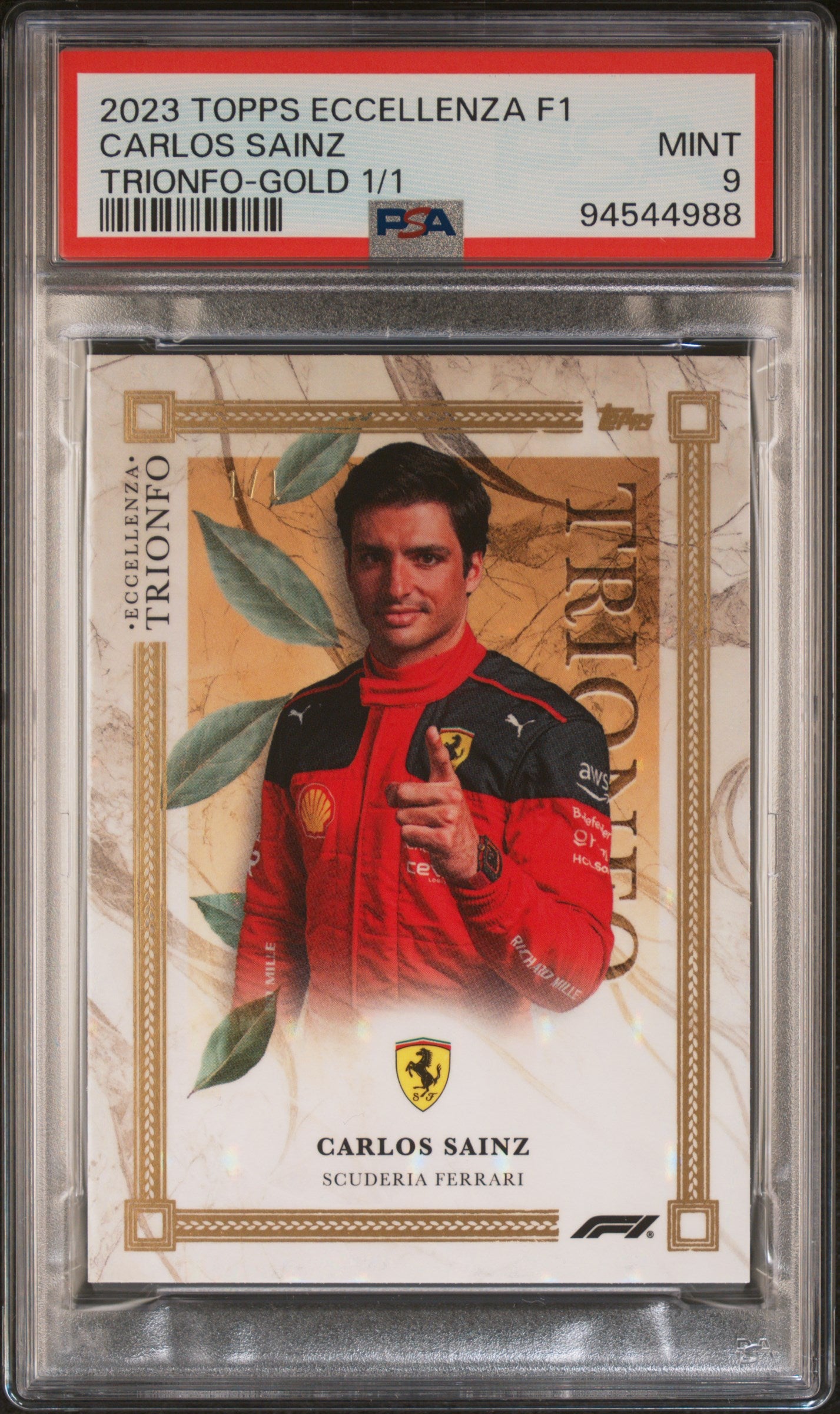 2023 Topps Eccellenza Trionfo Carlos Sainz Gold 1/1 PSA 9 Graded Trading Card - Perfect for Formula 1 Collectors and Sports Memorabilia Enthusiasts