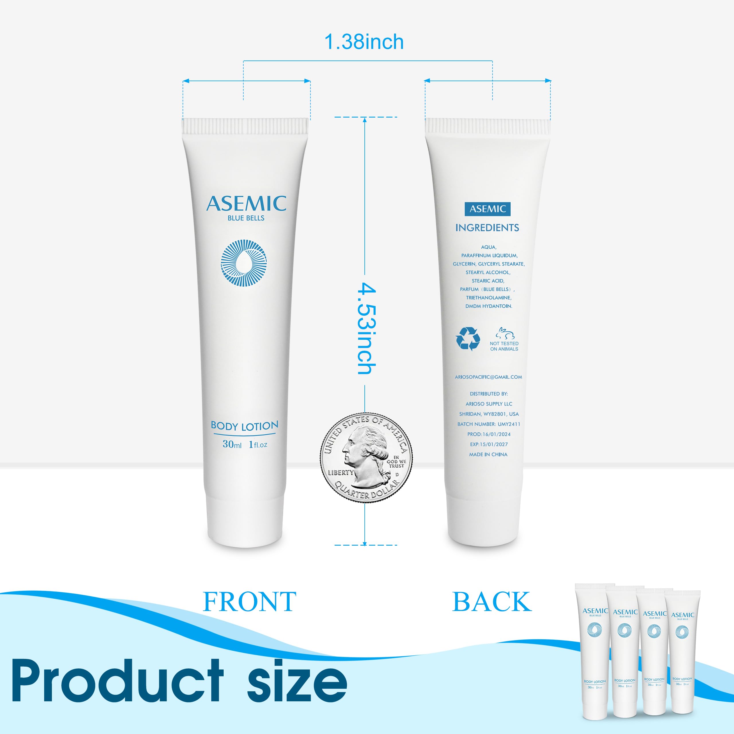 ASEMIC Mini Travel Size Body Lotion - 100 Pack (1 fl oz Each) | Bulk Toiletries for Hotels, Hospitality & Travel | Moisturizing Blue Bell Scent for Dry Skin Care - Perfect for Hotels, Gyms, Spas & Guest Amenities