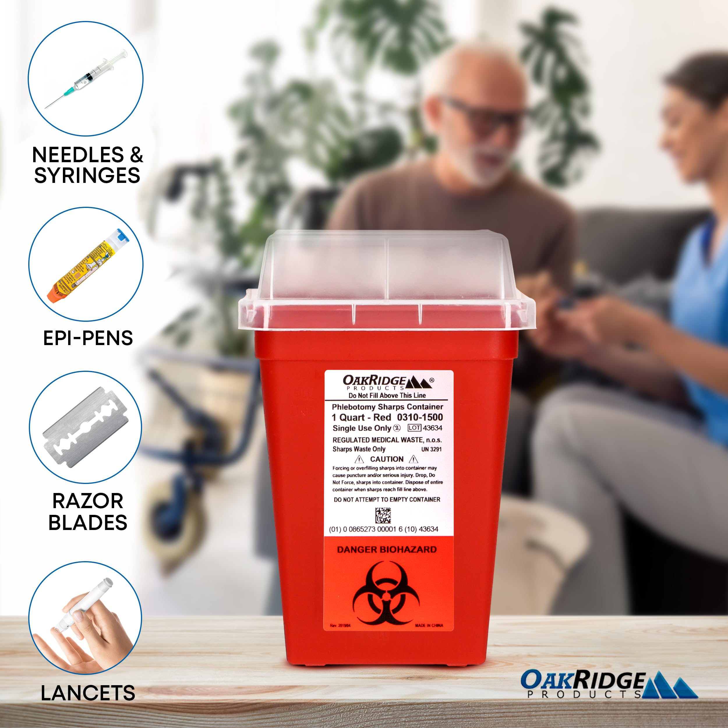 Oakridge 1 Quart Sharps Container - CDC Certified Biohazard Needle & Syringe Disposal for Home, Travel & Medical Use | Portable Safety Solution for Diabetics, Tattoo Artists & Healthcare Professionals