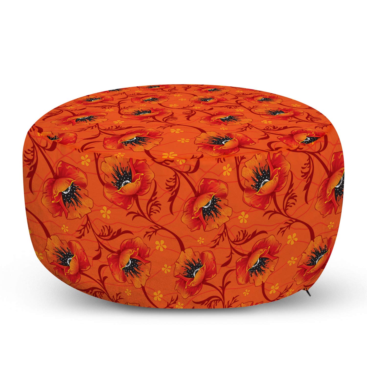Ambesonne Bohemian Floral Ottoman Pouf - Orange Poppy Flower Print, Soft Foot Rest with Removable Cover for Living Room & Bedroom Decor | Perfect for Boho Chic Home, Reading Nook or Nursery Accent (Burnt Orange/Yellow)
