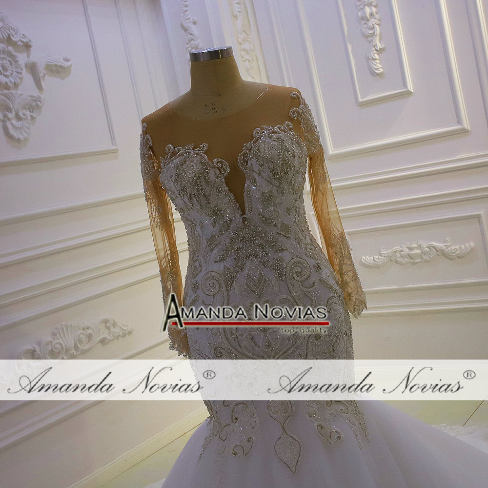 Luxury V-Neck Long Sleeve Mermaid Wedding Dress - Elegant Bridal Gown for Beach, Church & Formal Weddings