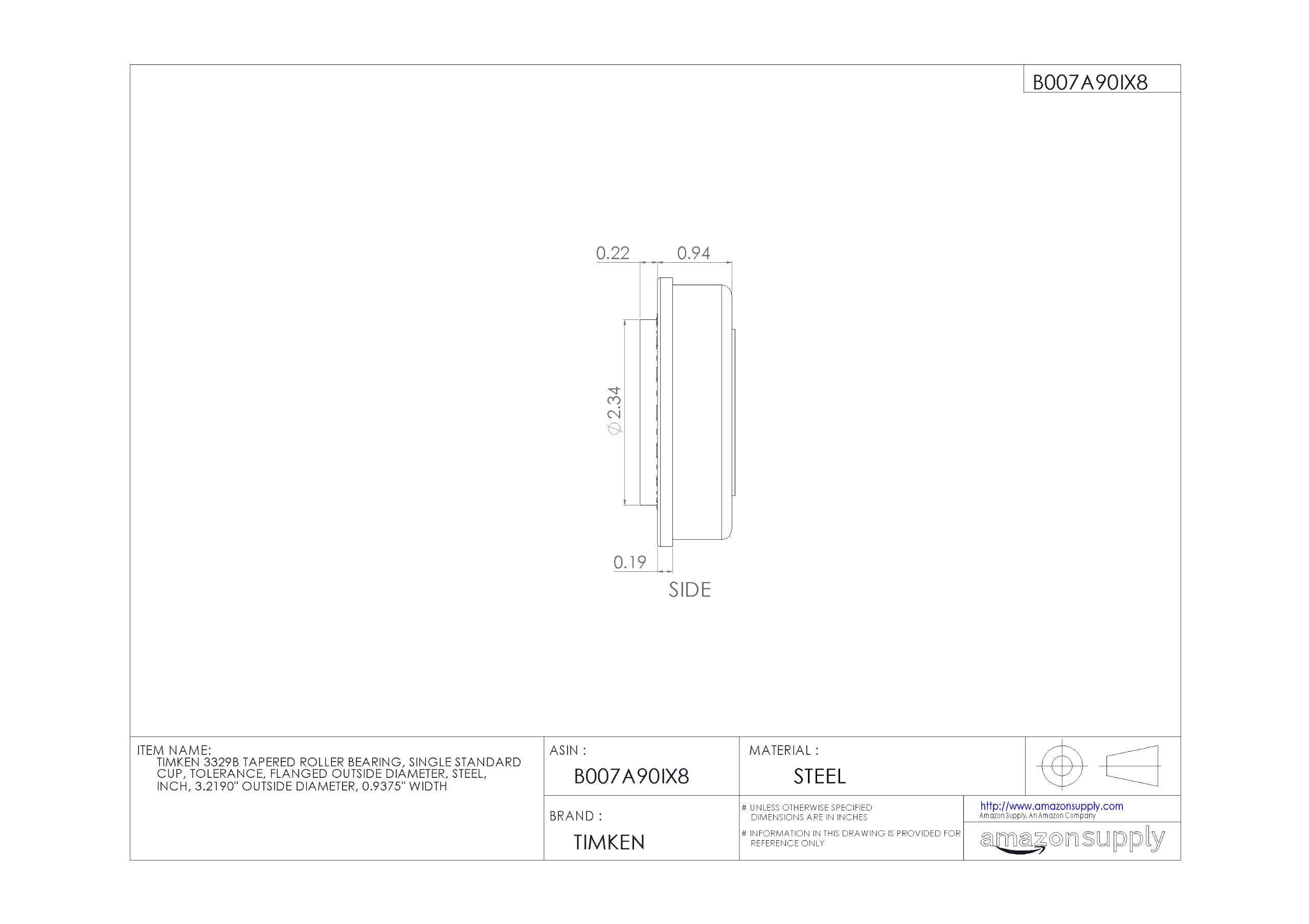 Timken 3329B Tapered Roller Bearing - Single Cup, Standard Tolerance, Flanged OD, Steel Construction, 3.2190