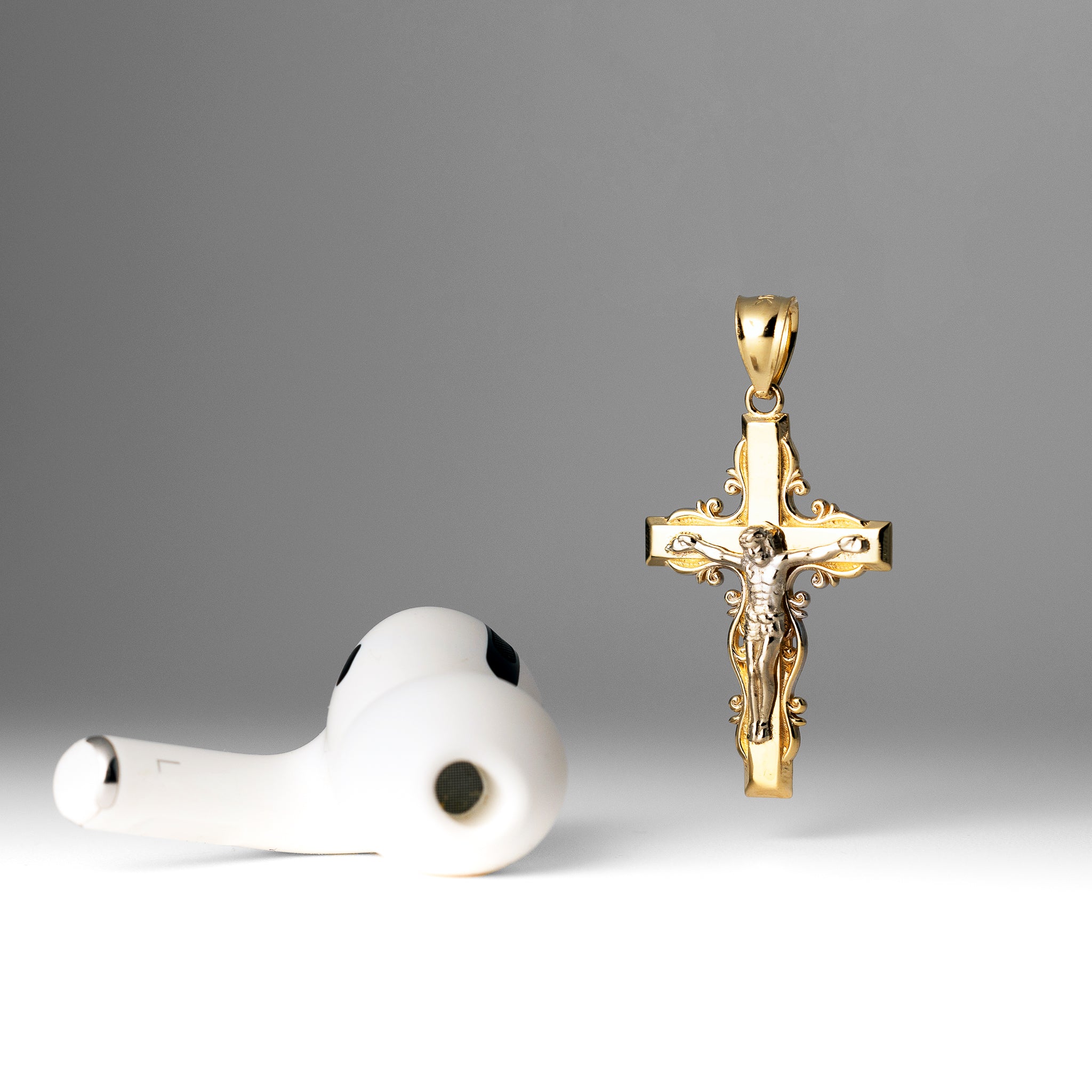 Elegant Gold Crucifix Cross Pendant with Ornate Scroll Design - Model PT0072 - Perfect for Religious Jewelry, Gifts & Everyday Wear