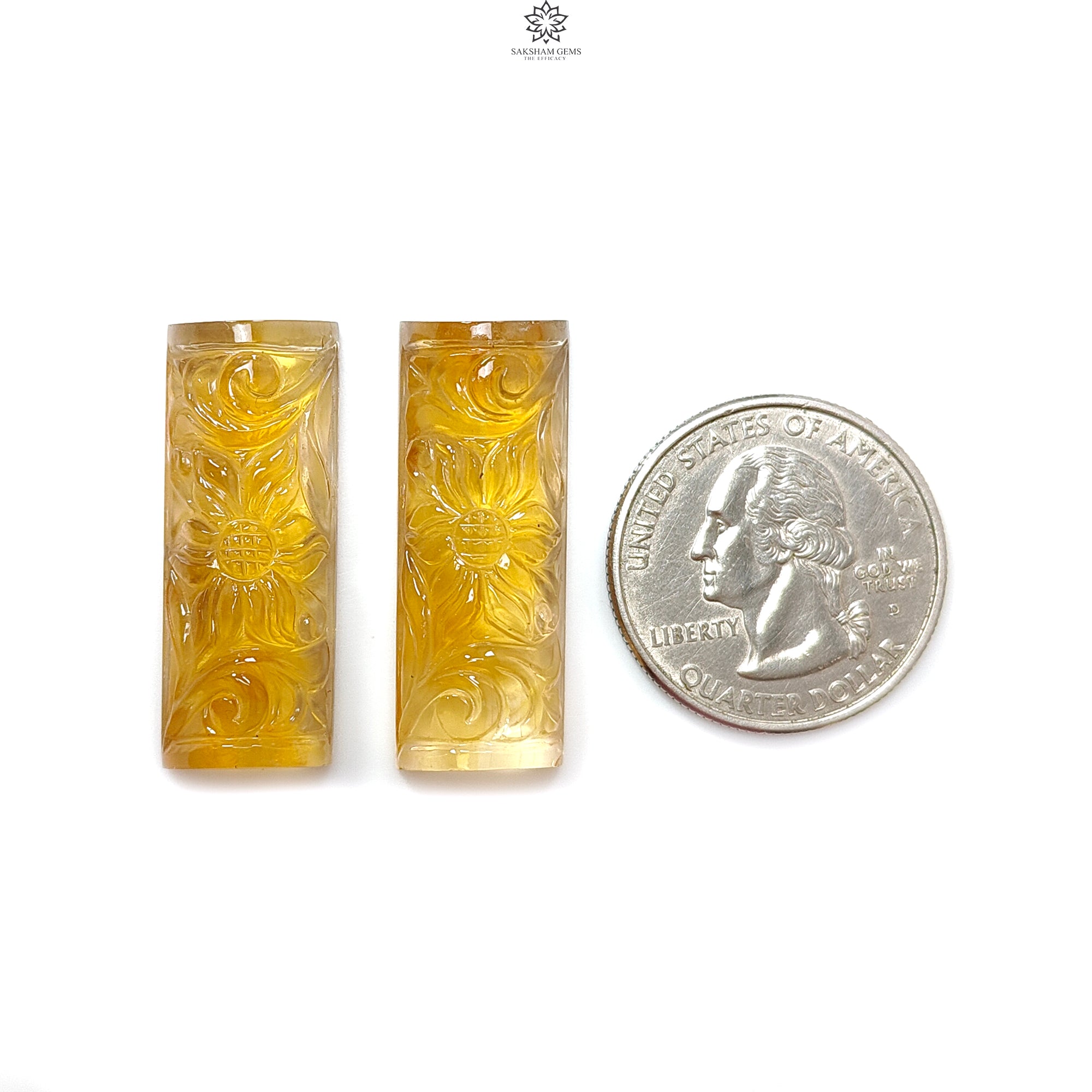 Natural Untreated Yellow Citrine Gemstone Carving - 49.30cts Hand Carved Baguette Shape (32x12mm) Pair | November Birthstone for Jewelry Making, Necklace Pendants & Ring Settings