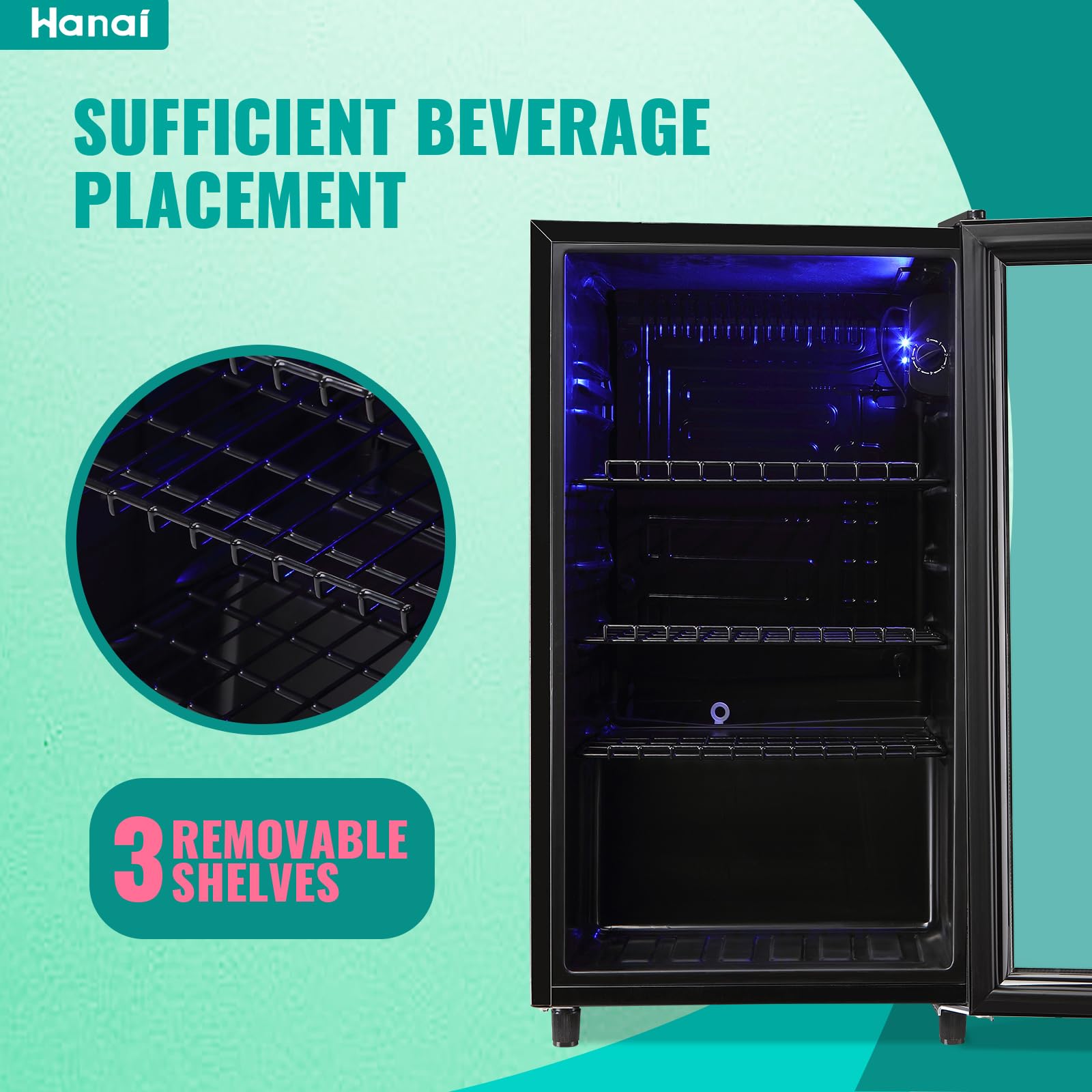WANAI 125 Can Mini Beverage Refrigerator - Black Compact Beer & Wine Cooler with Glass Door for Soda, Juice, Drinks - Freestanding Small Fridge for Home, Office, Bar, Kitchen, Dorm, Game Room & Entertainment Spaces