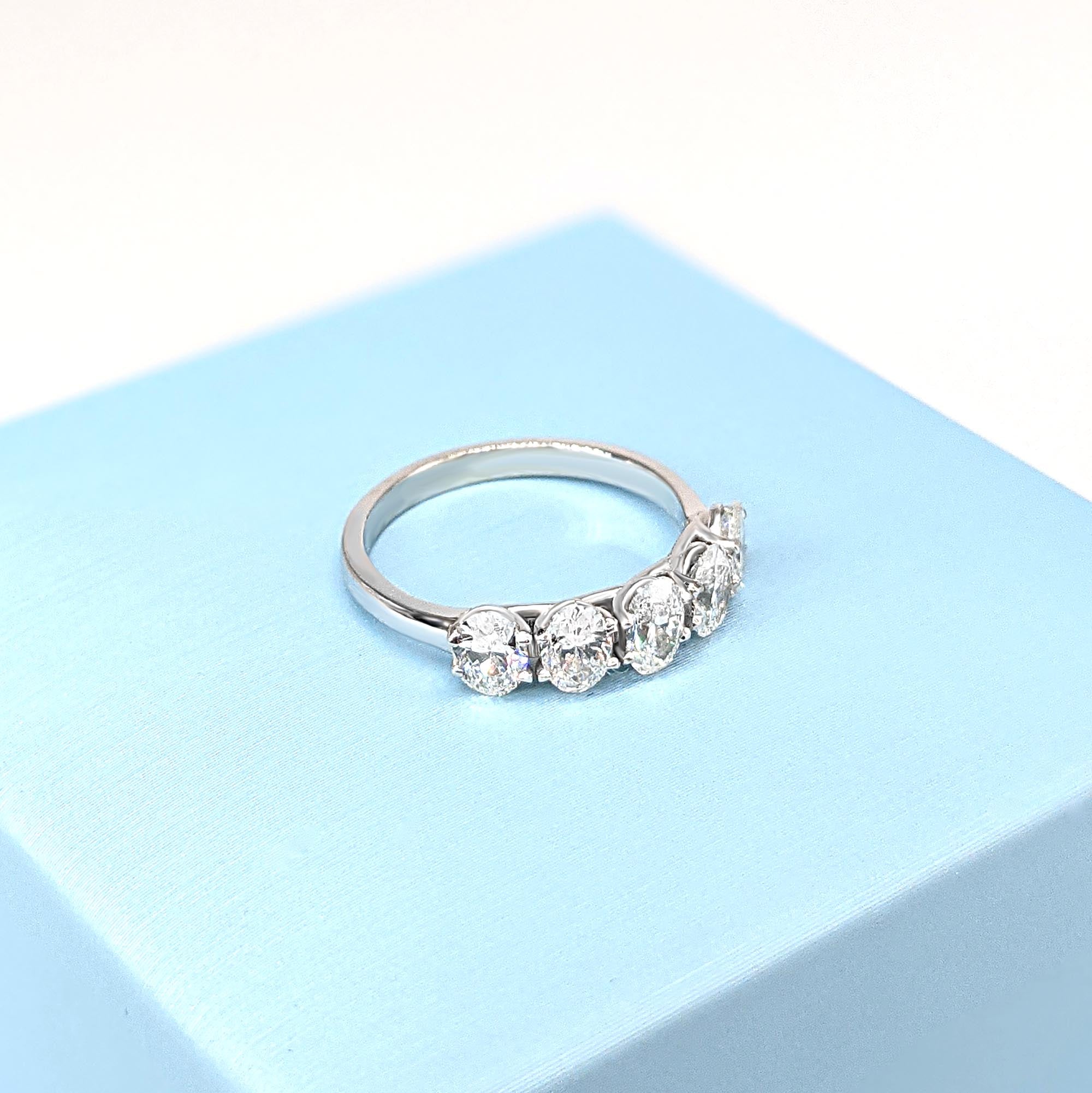 1.15 Carat Oval Diamond Five Stone Band Ring - Eagle Claw Trellis Style Wedding Jewelry for Brides & Anniversaries