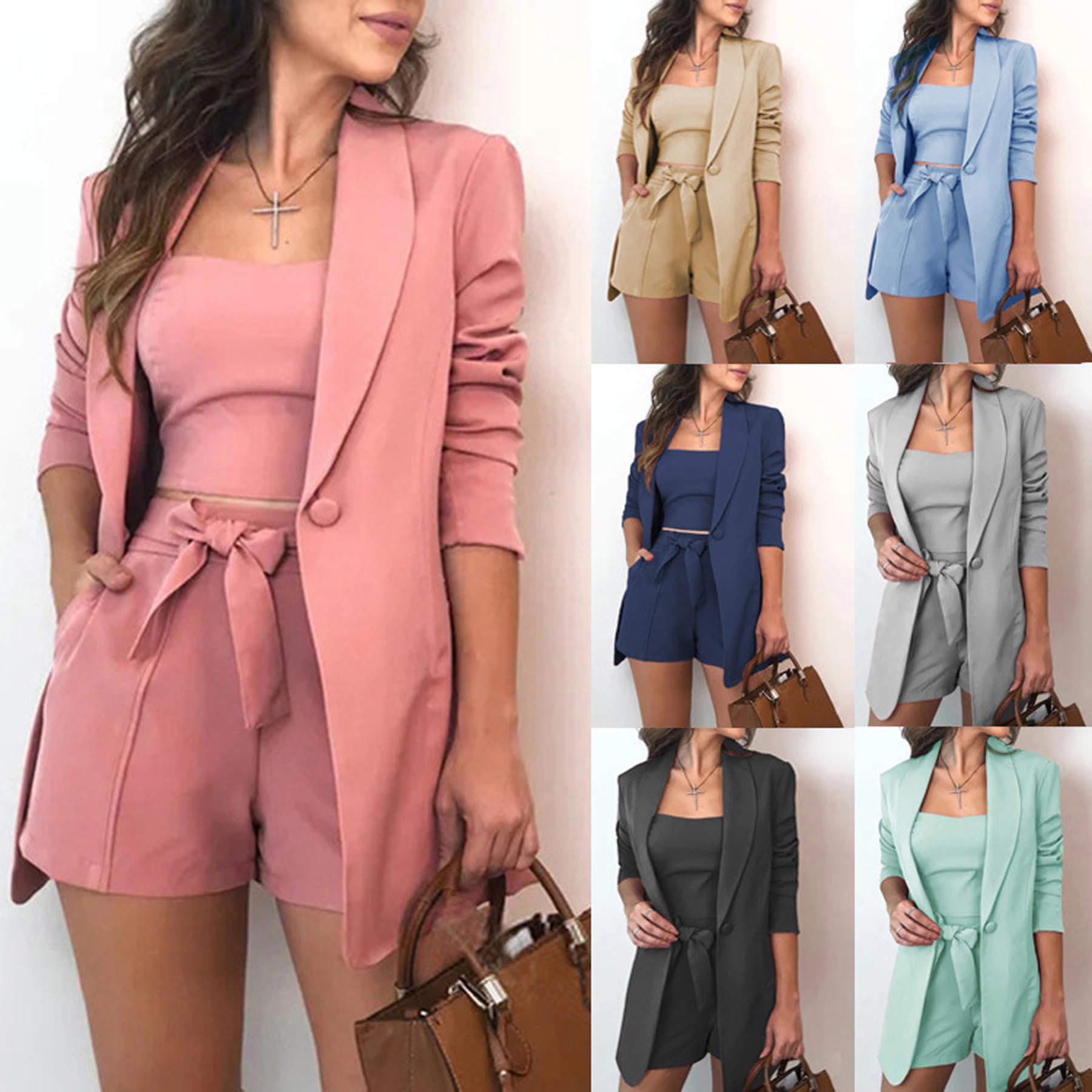 Women's 3-Piece Business Blazer Set - Long Sleeve Jacket, Cami Top & Shorts with Belt | Professional Office Outfit | Perfect for Work, Meetings & Business Events