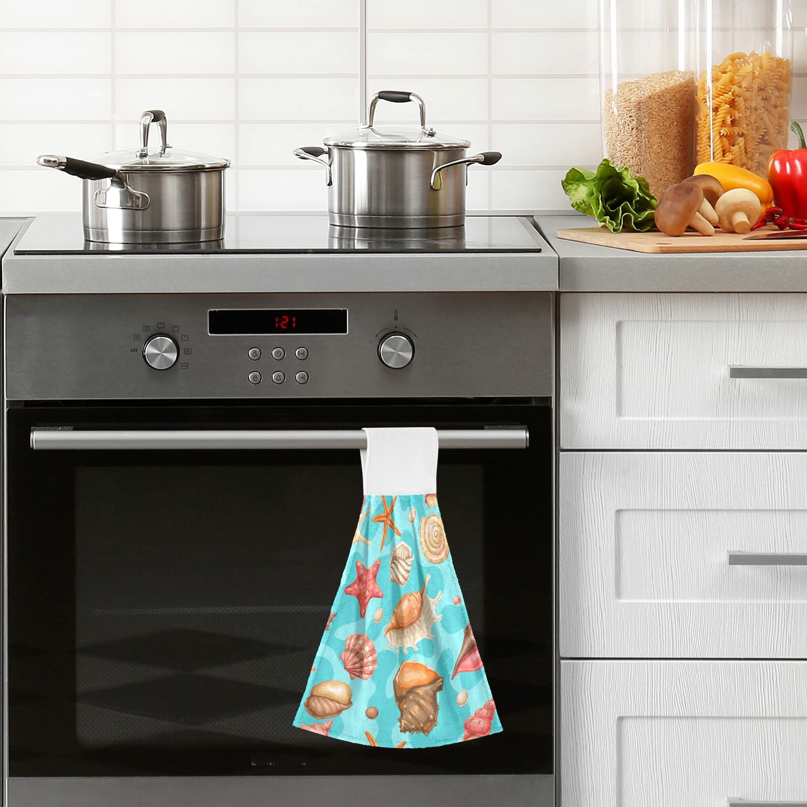 Boccsty Summer Seashell Starfish Hand Bath Towels 2 Pack - Absorbent Kitchen Towels, Hanging Washcloths & Face Towels for Home, Bathroom, Farmhouse Decor - Perfect for Beach House, Coastal Theme, and Vacation Rentals