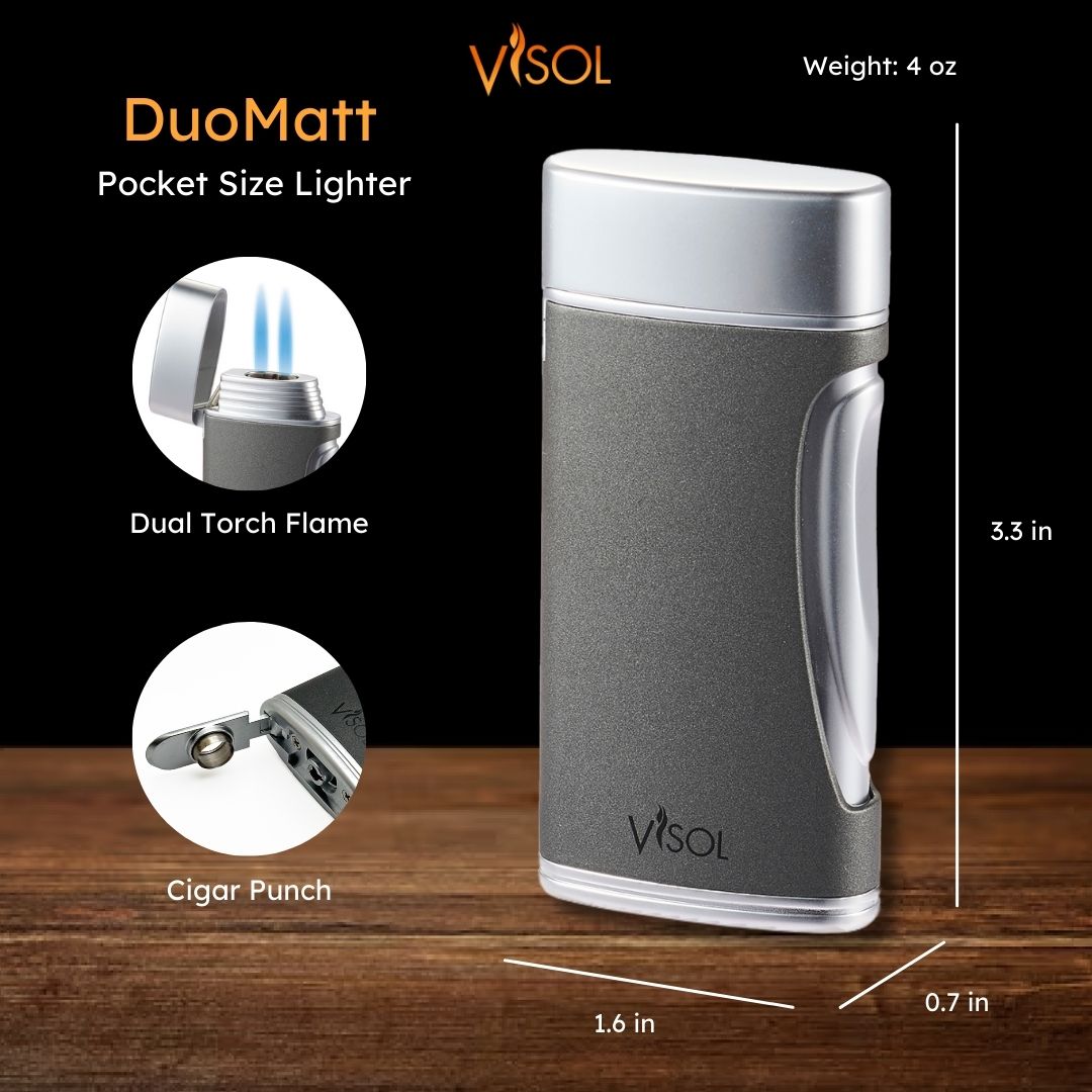 Visol DuoMatt Gray Double Flame Cigar Lighter - Windproof Jet Torch Lighter for Cigars, Cigarettes & Outdoor Use - Perfect for Smoking, Camping & BBQ Accessories