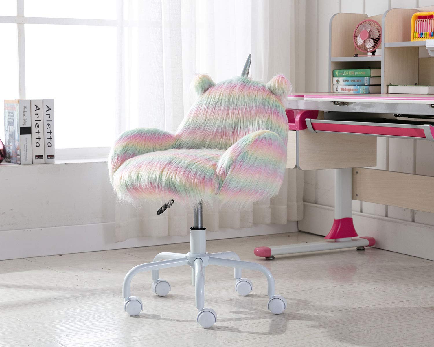 Guyou Faux Fur Kids Desk Chair with Armrest - Soft Shaggy Dog Swivel Study Chair for Boys & Girls, Rainbow Color - Perfect for Bedroom, Study Room & Playroom