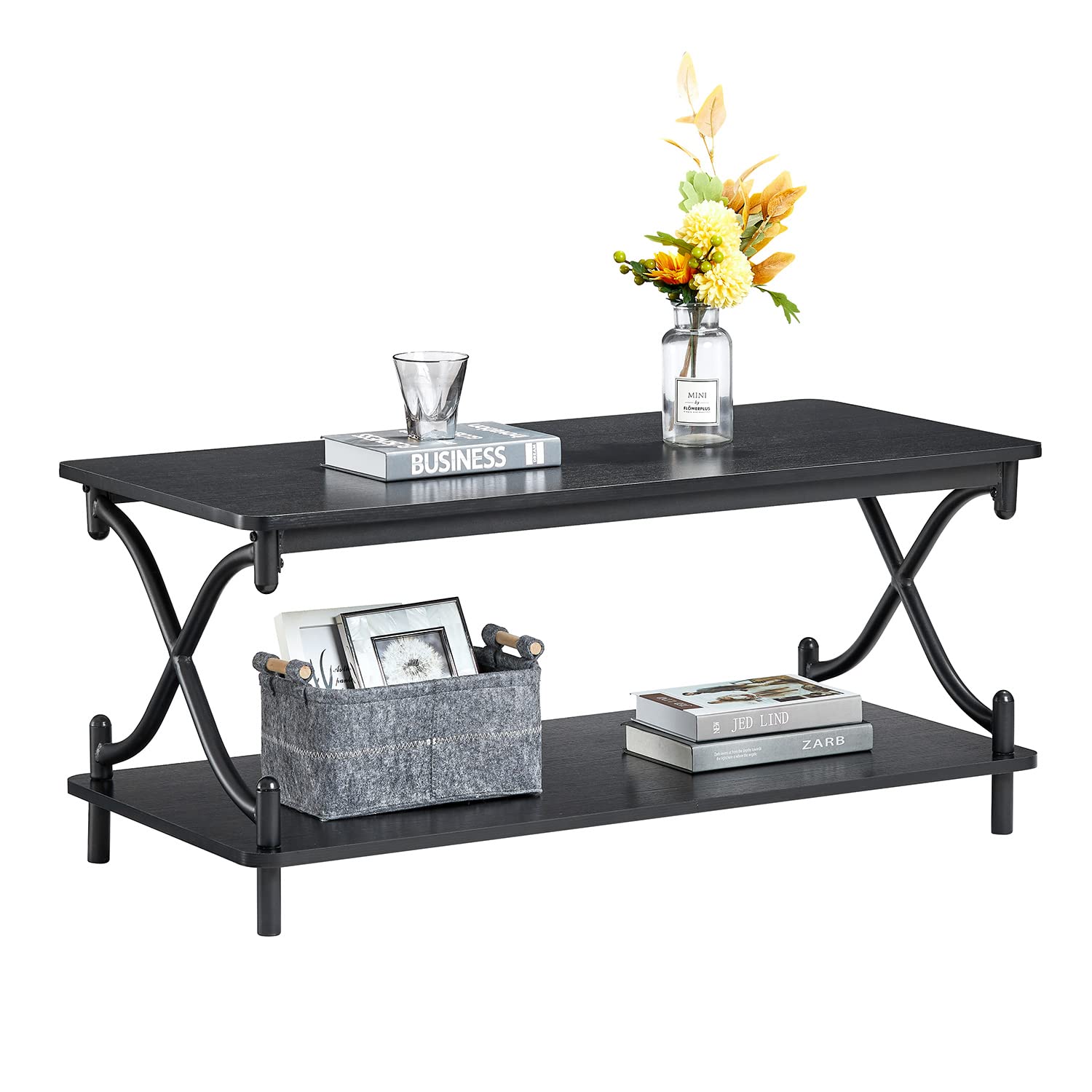 VECELO 39-Inch Modern Industrial Coffee Table with Storage & Open Shelves, X-Shape Metal Frame, Black - Perfect for Living Room, Dining Room & Small Spaces