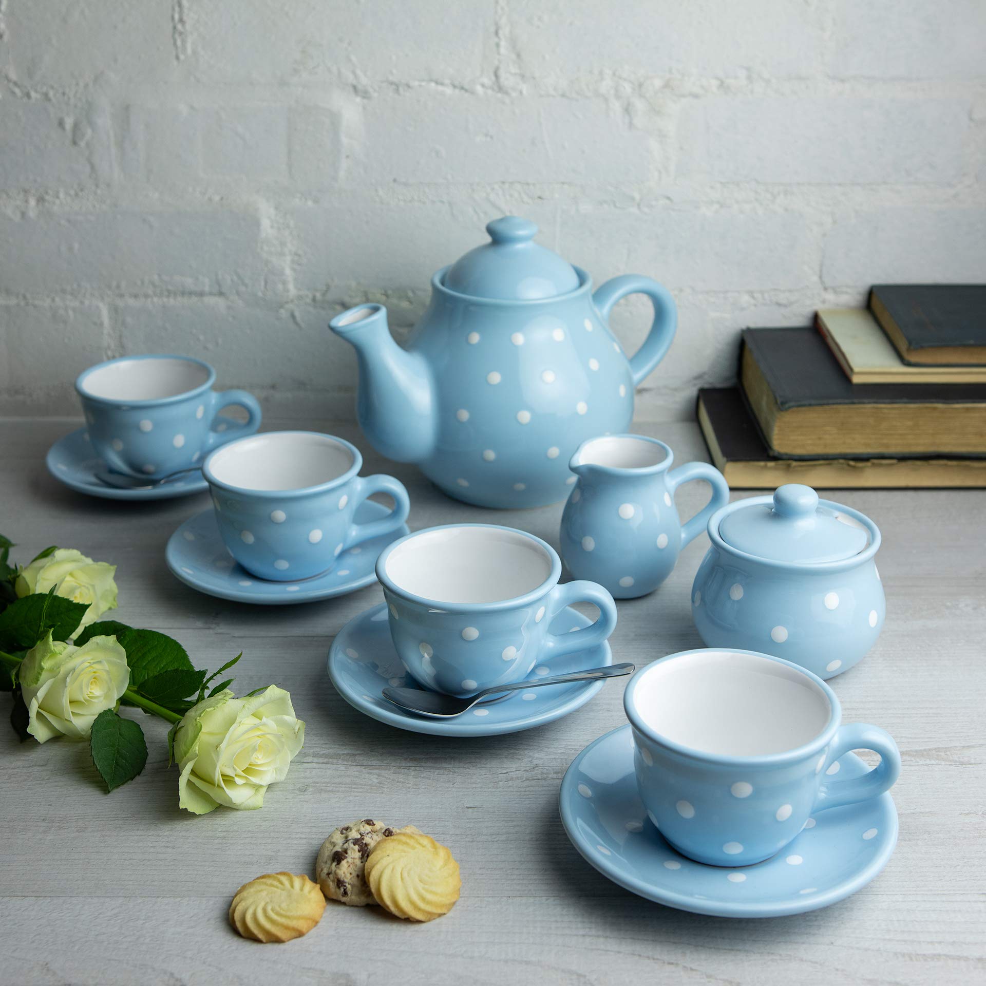 Handmade Baby Blue and White Polka Dot Ceramic Teapot Set - 1.7L (60oz) Large Capacity with 4 Cups & Saucers, Milk Jug & Sugar Bowl - Perfect for Afternoon Tea, Housewarming Gifts & Tea Lovers - City to Cottage®
