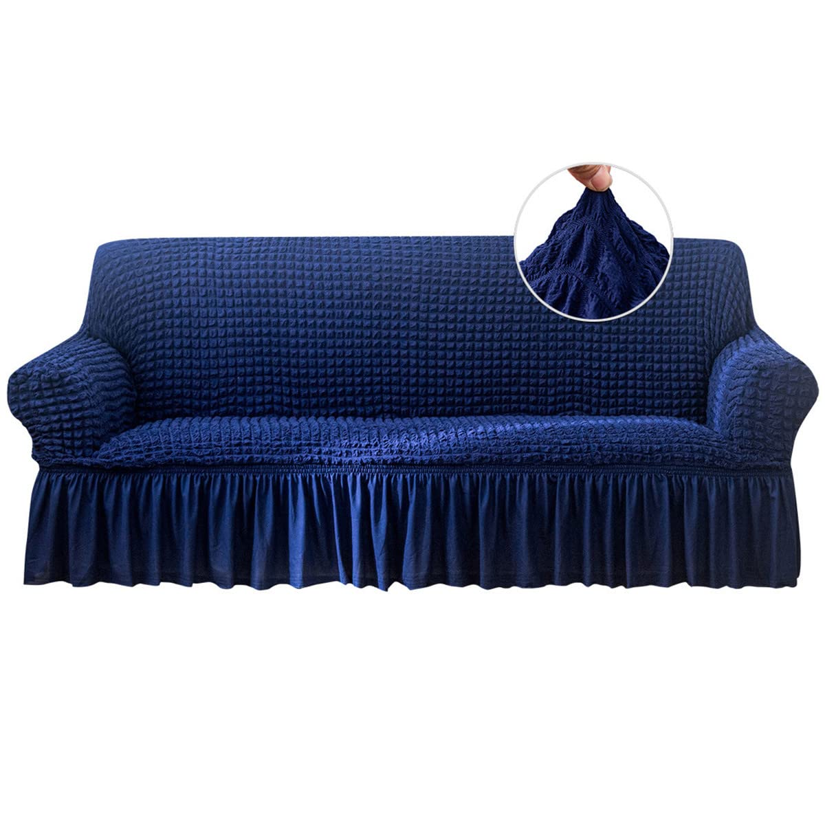 Stretch Sofa Slipcover - Washable Couch Cover with Elastic Bottom & Skirt - Easy Fit Furniture Protector for Sofa Bed (Blue, XL) - Perfect for Living Room, Home Decor & Pet Protection
