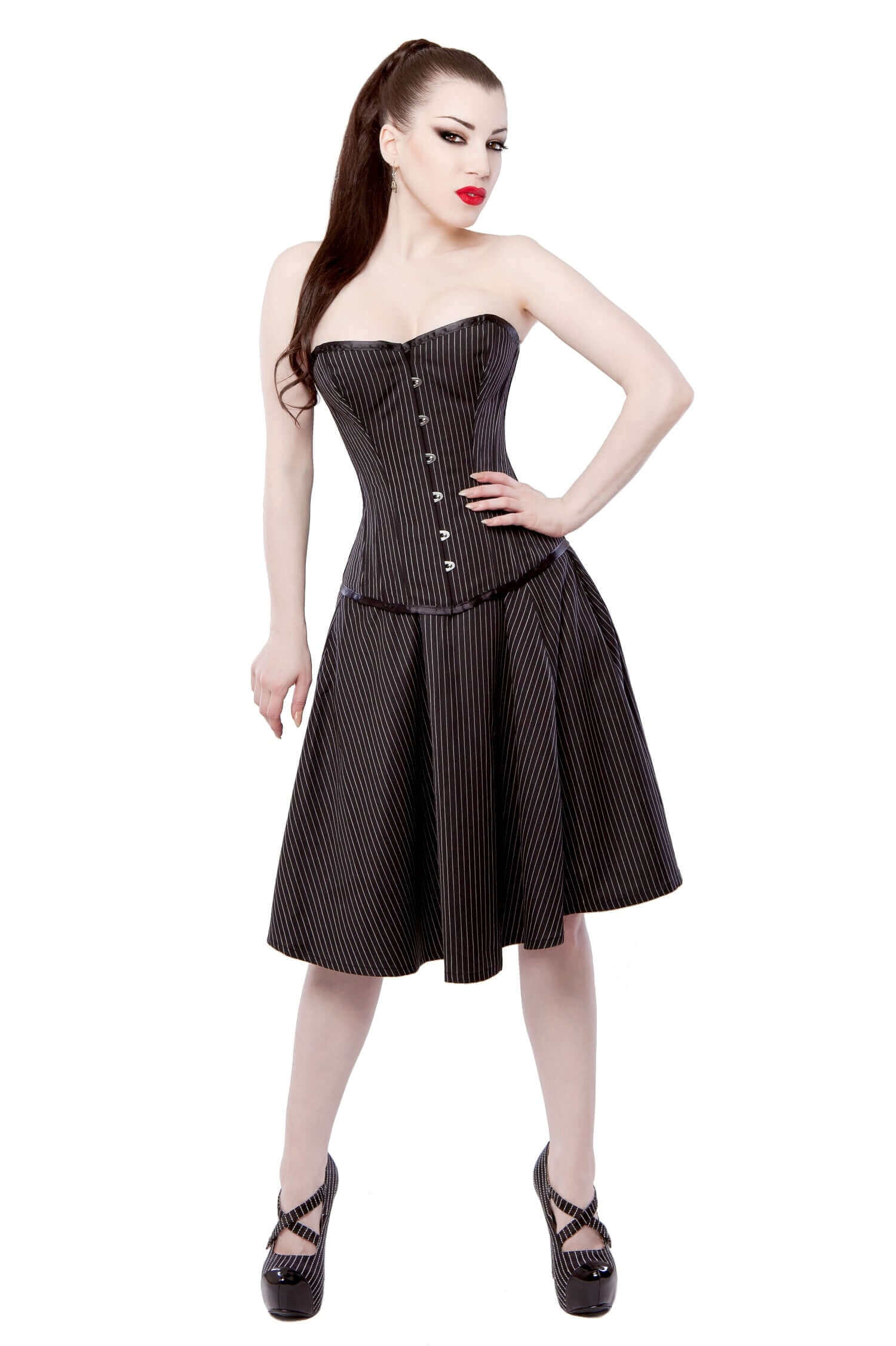 Elegant Pinstripe Corset Dress for Women - Vintage Waist Trainer Corset Top with Lace-Up Back - Perfect for Burlesque, Cosplay, and Evening Parties