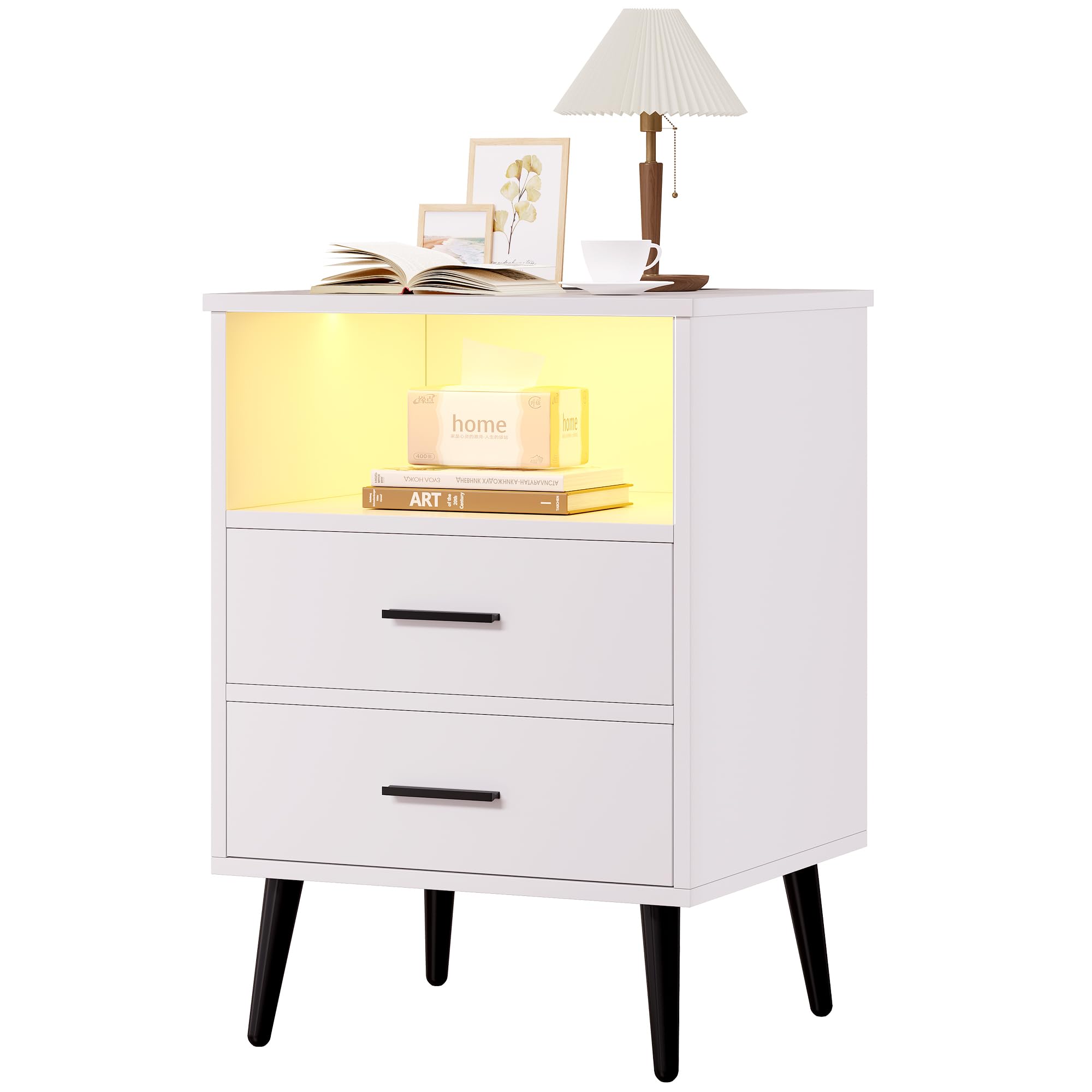 LVSOMT Modern LED Nightstand with USB Charging Station, Dimmable Touch Control & Motion Sensor - White Bedside Table with Drawers & Open Shelves, Metal Legs - Perfect for Bedroom, Guest Room & Small Spaces