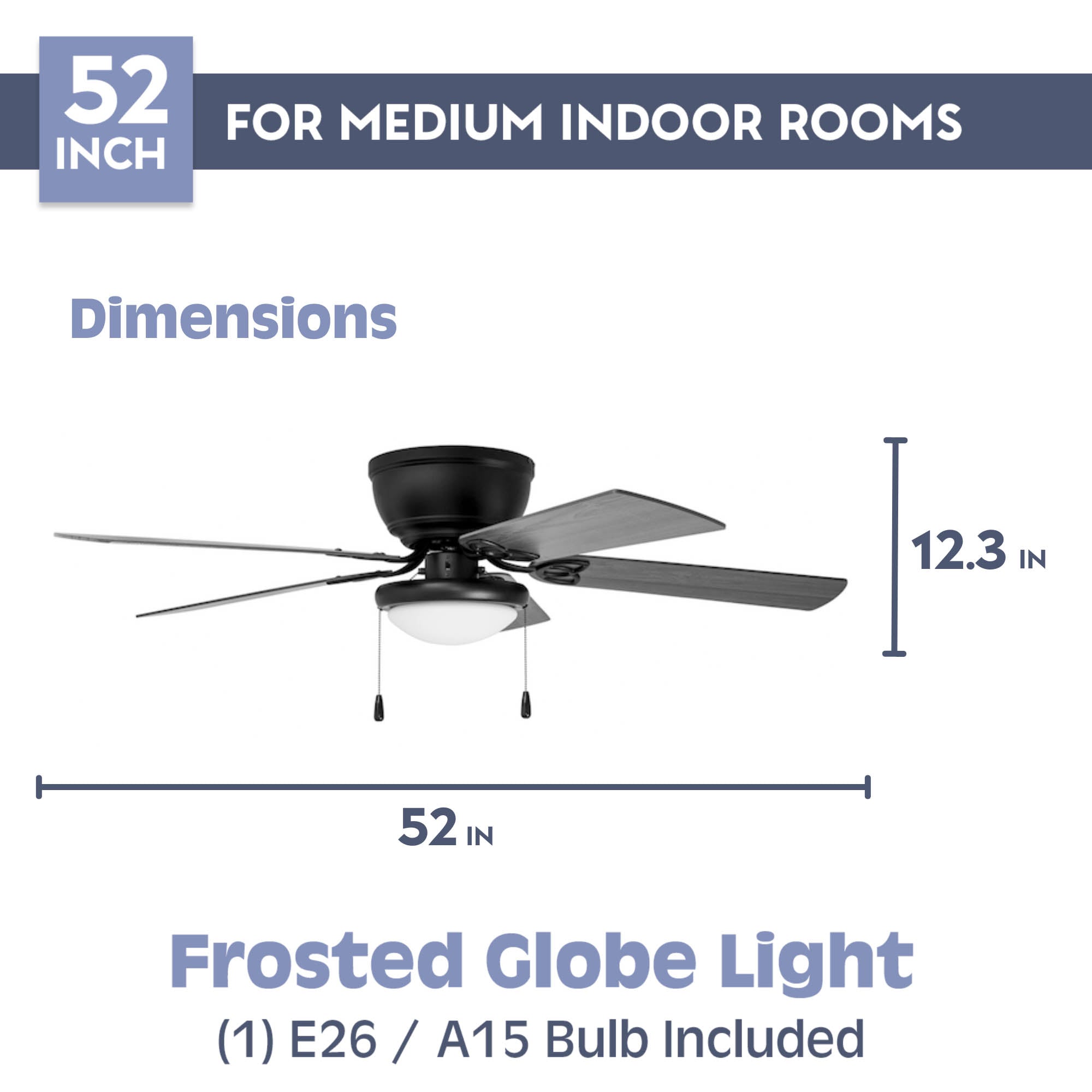52 Inch Benton Matte Black Ceiling Fan with Pull Chain - Energy Efficient Indoor/Outdoor Fan for Living Room, Bedroom, or Patio