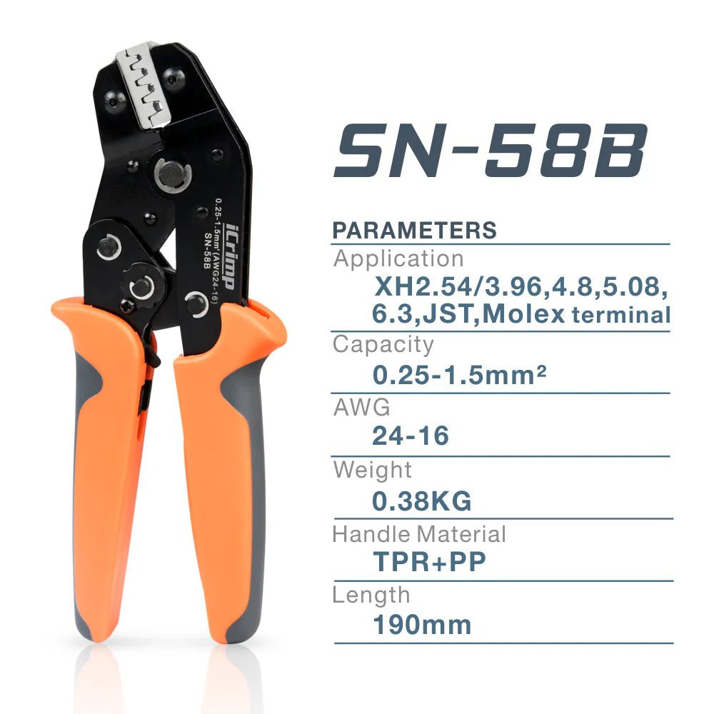 SN 58B Non-Insulated Crimping Tool for 0.25-1.5mm² & AWG24-16 Terminals - Professional Wire Connector Crimper for Electrical, Automotive, and DIY Projects