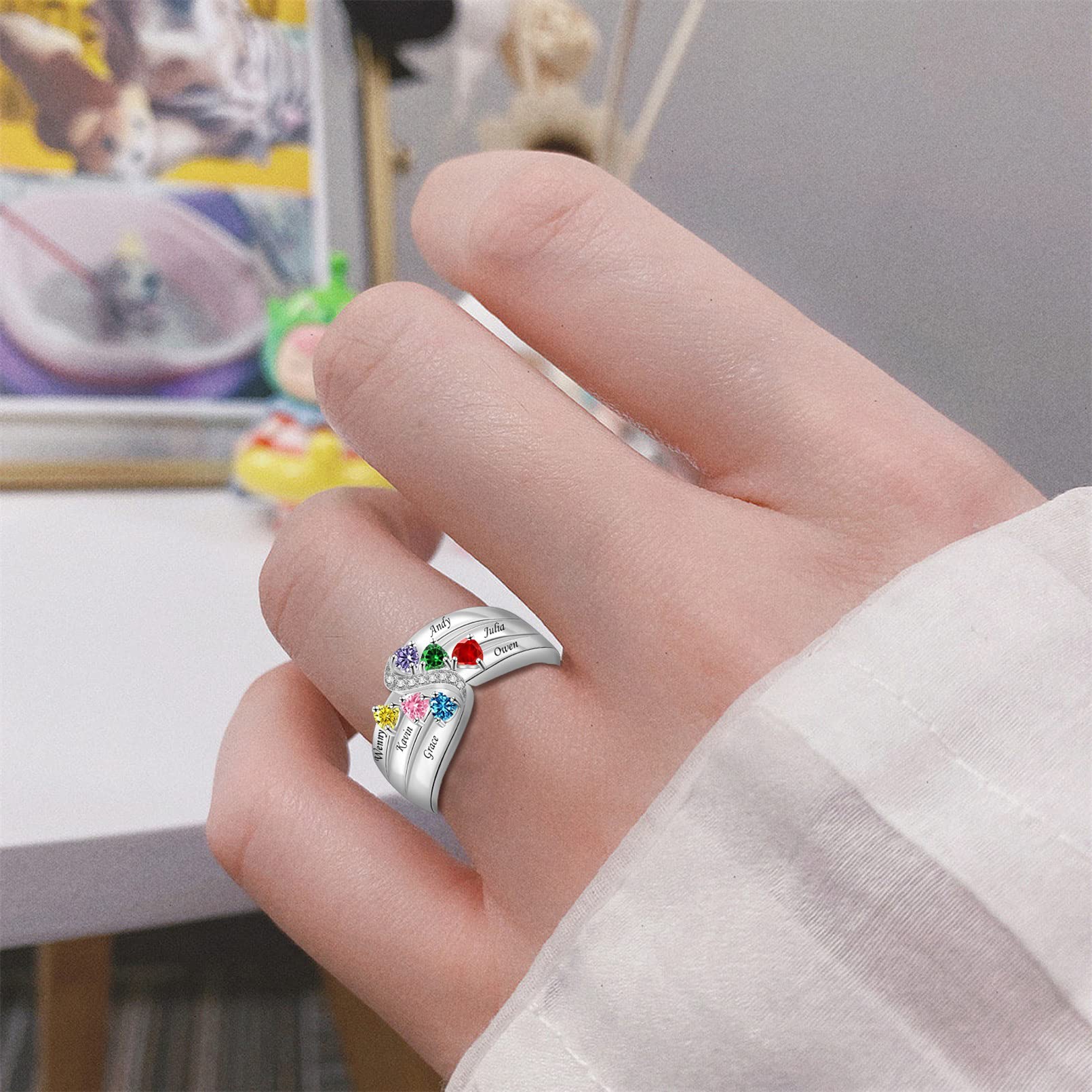 Personalized Mother's Ring with 1-6 Birthstones - 925 Sterling Silver Custom Engraved Family Jewelry - Perfect Gift for Mom, Women, Mother's Day - Ideal for Anniversary, Birthday & Special Occasions