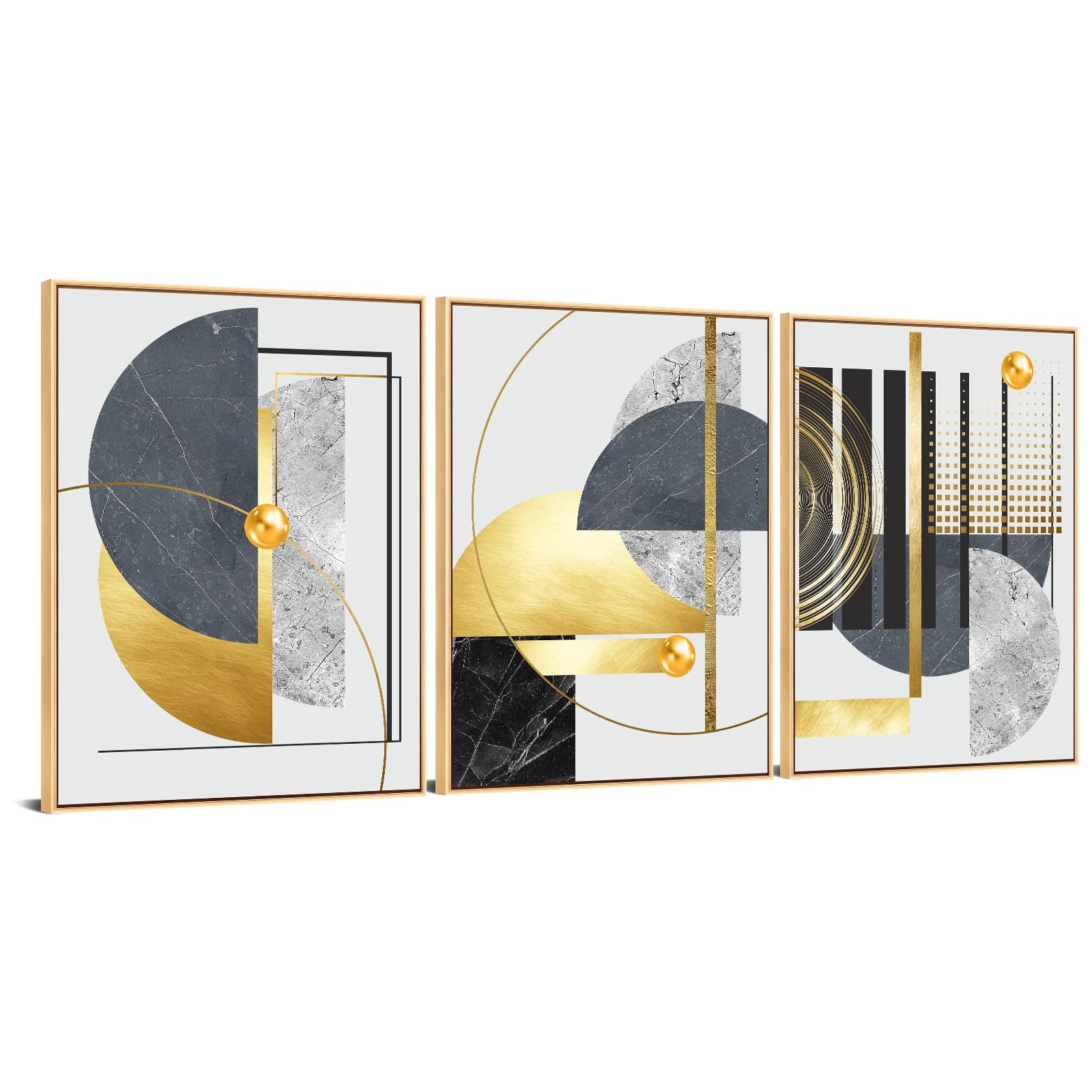 3Pcs Gold Canvas Wall Art Decor - Nordic Luxury Geometric Abstract Grey Black and Gold Framed Painting Poster Print (12x16 Inch) for Living Room, Bedroom & Dining Room - Elegant Marble Wall Art for Home & Office Decor