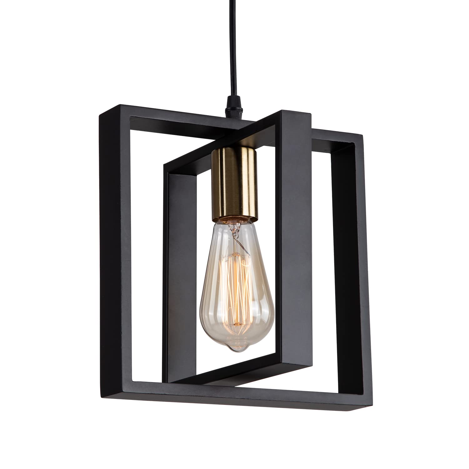 Farmhouse Small Pendant Light Fixture - 9.5 Inch Kitchen Island Hanging Lamp with Cord, Black and Gold Finish Wood Frame Chandelier for Hallway, Entryway, Closet & Bedroom Lighting - E26 Base - Perfect for Rustic Home Decor and Cozy Ambiance