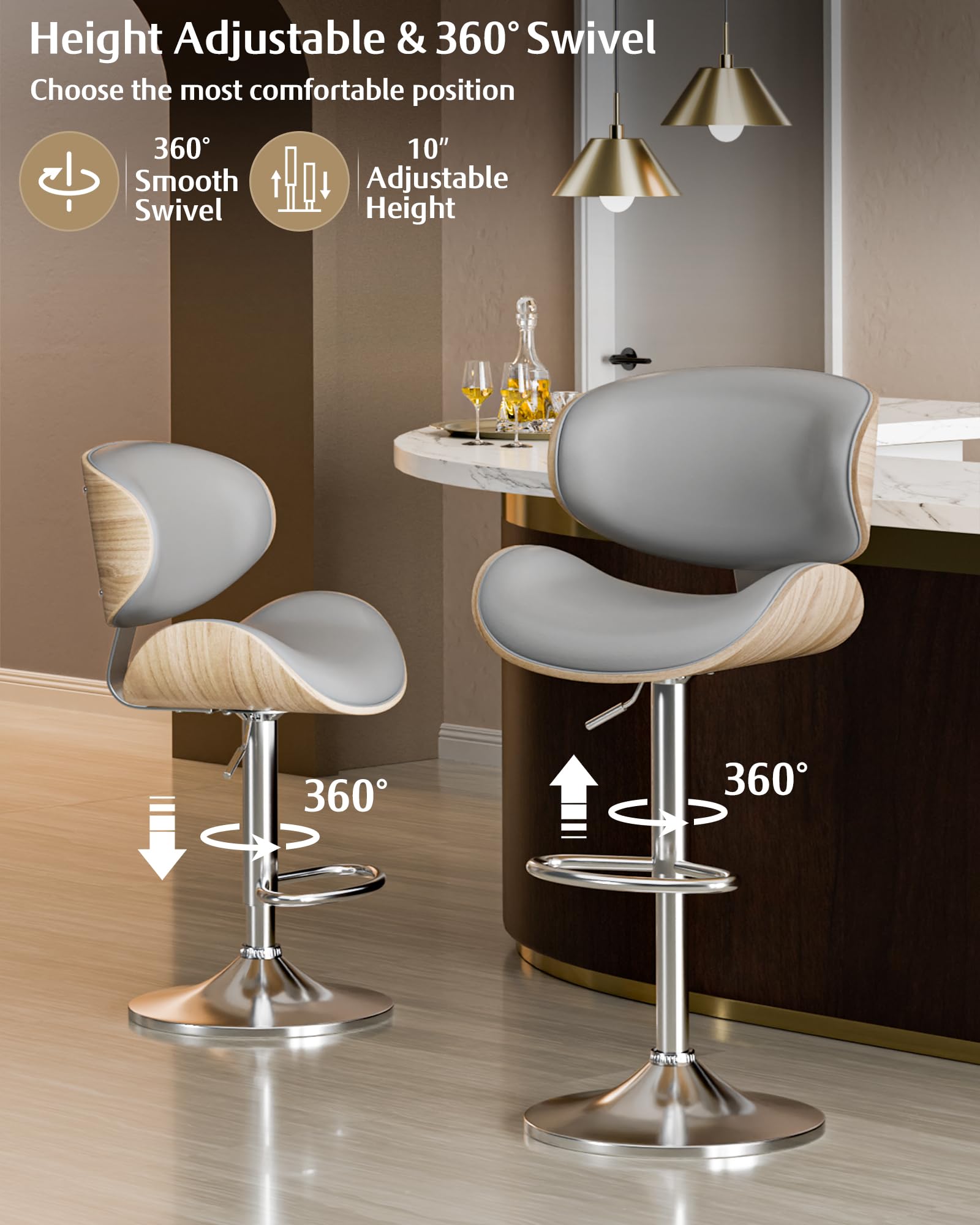 2 Pack Adjustable Swivel Leather Bar Stools - Mid Century Modern Counter Height Bar Chairs with Backrest & Footrest for Kitchen Island, Breakfast Nook or Home Bar (Grey)