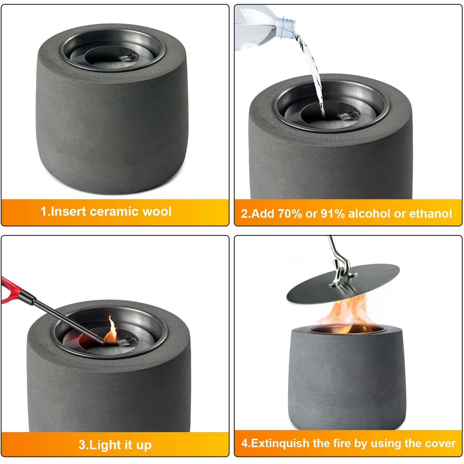 Concrete Tabletop Fire Pit Bowl - Indoor & Outdoor Portable Mini Fireplace for Garden, Patio, Balcony | Alcohol Burner, Smores Maker with Extinguisher | Perfect for Camping, Backyard Gatherings & Cozy Evenings