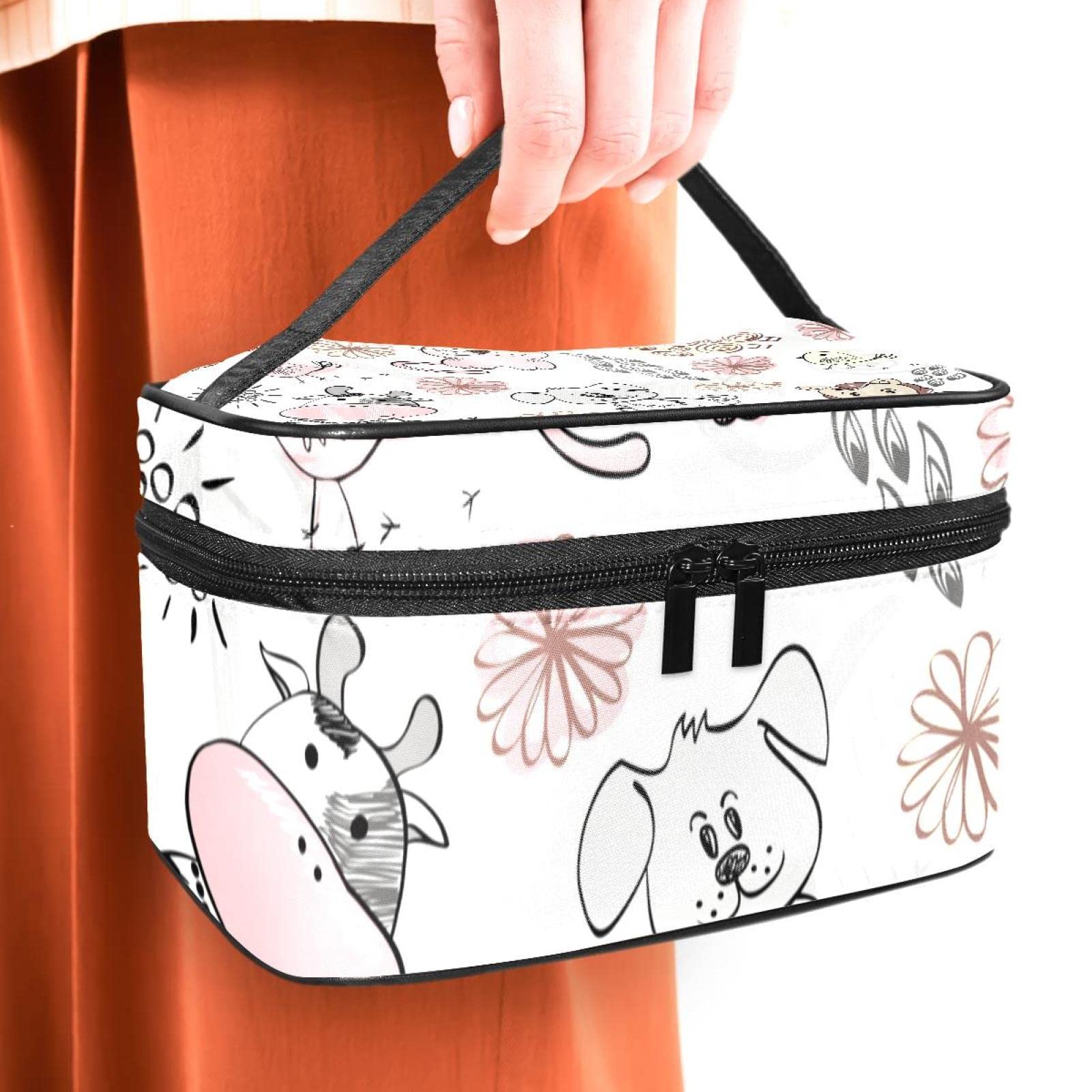 Cute Cartoon Animal Makeup Bag for Women - Large Travel Cosmetic & Toiletry Organizer with Brush Holder - Perfect for Girls' Travel, Gym, School & Daily Use (Cow, Cat, Horse, Dog Designs)