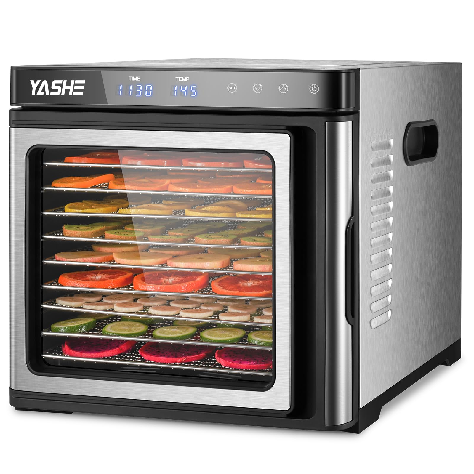YASHE 9-Tray Stainless Steel Food Dehydrator - 1000W Electric Food Dryer with Adjustable Timer & Temperature Control for Jerky, Fruits, Herbs - Includes Recipes - Perfect for Home Kitchen, Camping & Healthy Snacks