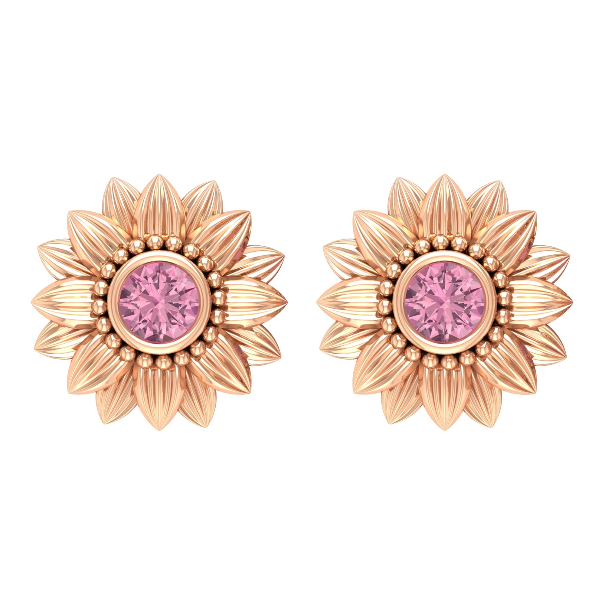 0.25 CT Pink Tourmaline Floral Stud Earrings for Women - 14K Solid Gold Bezel Set October Birthstone Jewelry - Elegant Gift for Anniversary, Birthday & Special Occasions