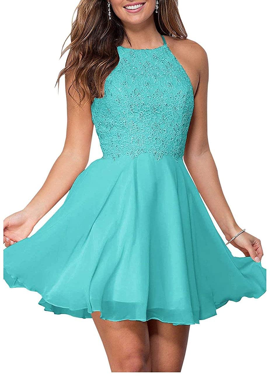Elegant A-Line Halter Homecoming Dresses for Teens - Short Lace Chiffon Bridesmaid Gowns - Plus Size Formal Dresses with Rhinestone Details - Perfect for Prom, Wedding Party & Special Occasions