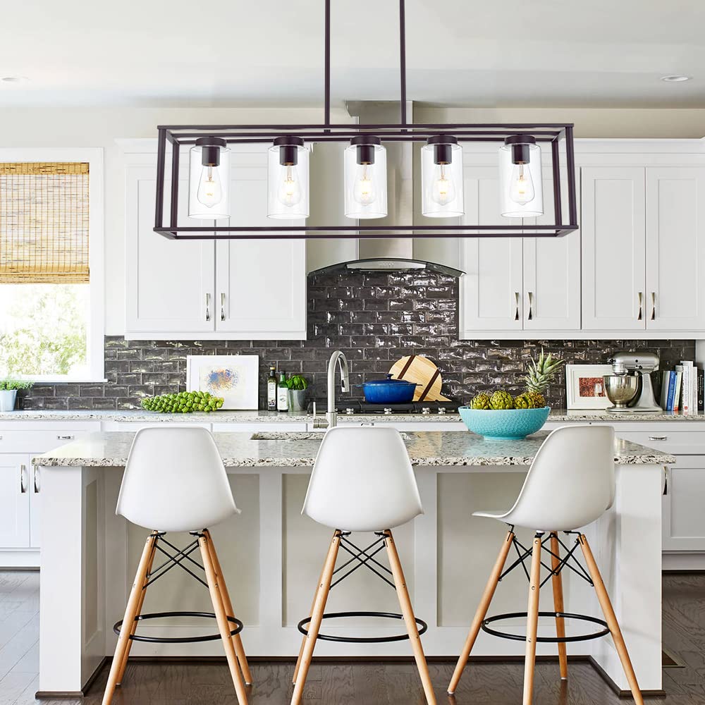 VINLUZ 5-Light Modern Linear Kitchen Island Chandelier - Oil Rubbed Bronze Cage Pendant Light with Clear Glass Shades - Farmhouse Ceiling Lighting Fixture for Dining Room, Living Room & Kitchen Island Decor