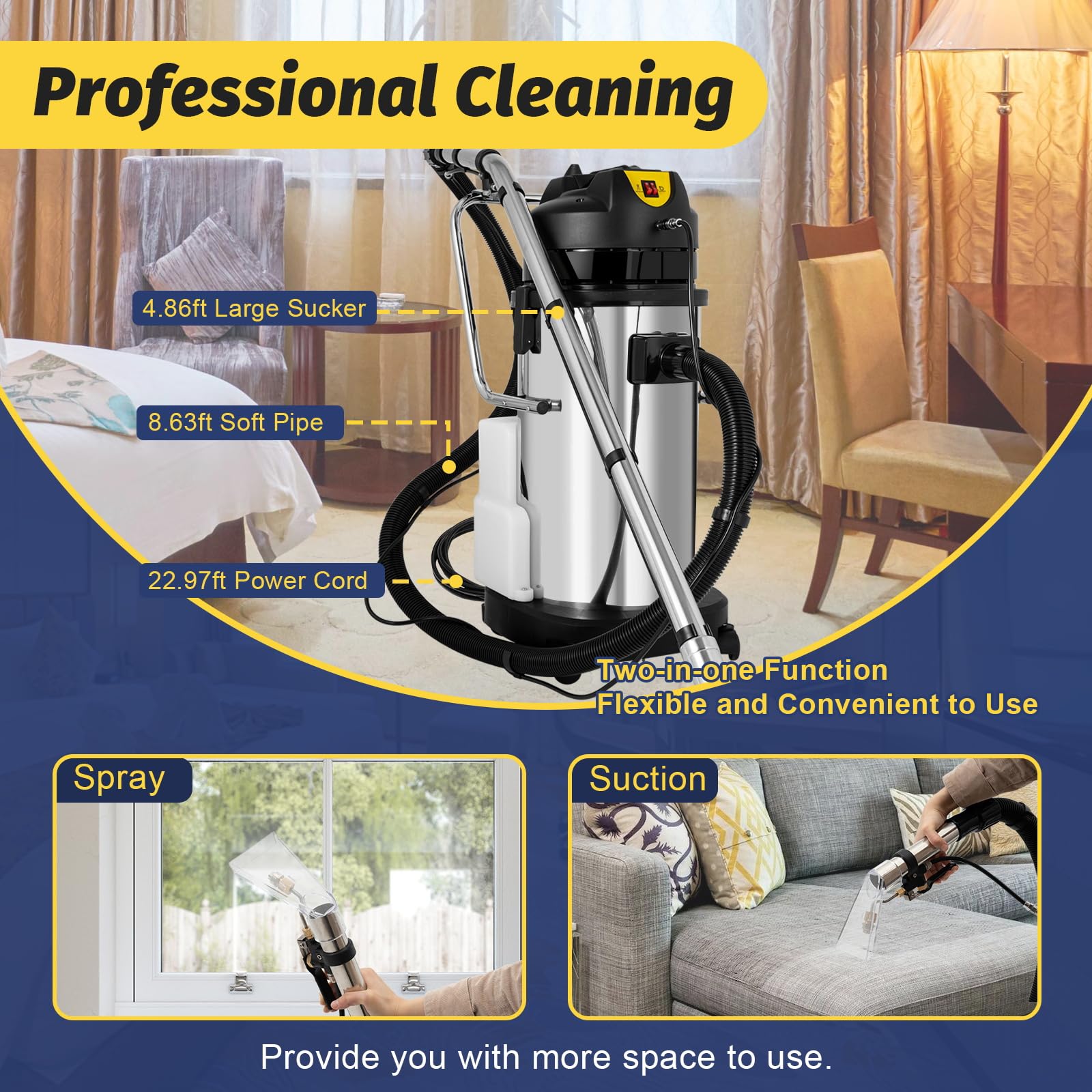 40L Commercial Carpet Cleaner Machine - 1034W Heavy Duty Wet Dry Vacuum for Sofa, Curtain, Fabric & Dust - 3-in-1 Portable Carpet Shampooer with Sprayer, Floor Brush & Extractor - Ideal for Home, Office & Commercial Cleaning