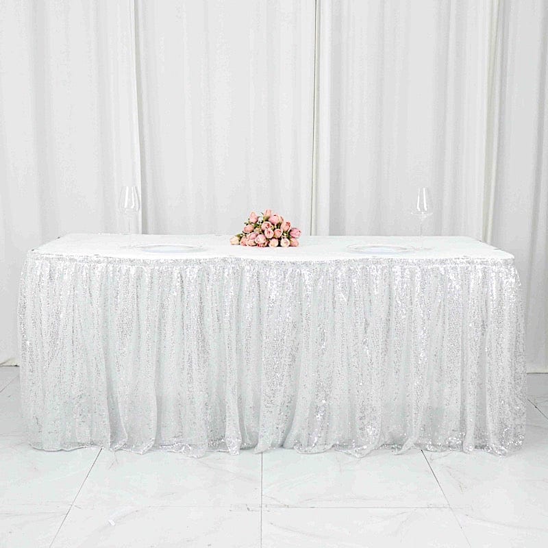 17 ft Sequin Pleased Satin Table Skirt with Closure Strip - Elegant Party Decor for Weddings, Banquets & Special Events