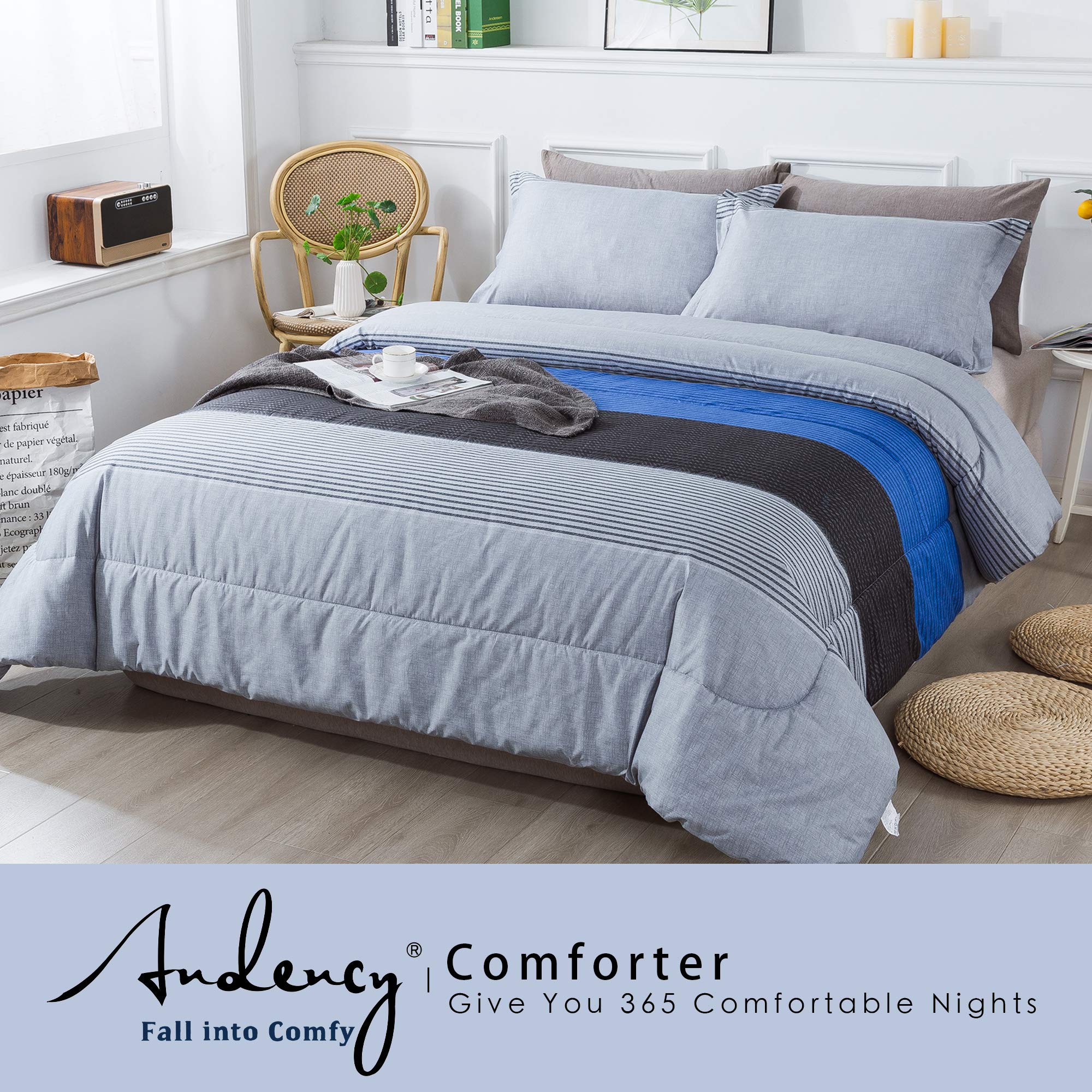 **Andency King Size 3-Piece Blue & Gray Striped Comforter Set - Soft Microfiber Down Alternative Bedding (104x90 Inches) with Corner Loops - Perfect for Cozy Bedrooms & Guest Rooms**