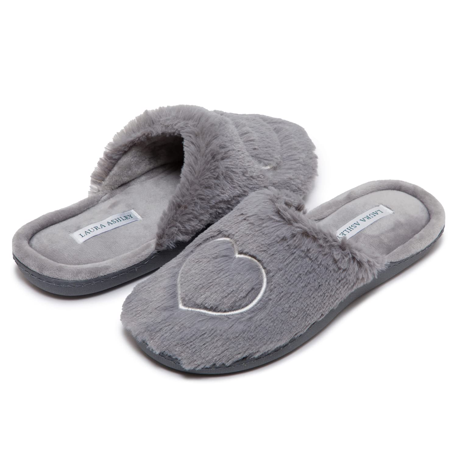Laura Ashley Women's Hard Sole Faux Fur Lined Clogs - Cozy Fuzzy Heart House Slippers for Indoor/Outdoor Use - Perfect for Winter Comfort, Lounging & Quick Errands
