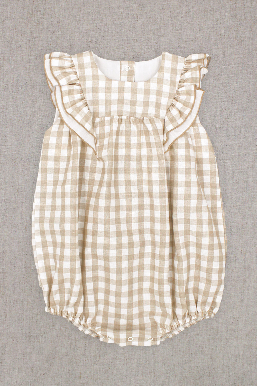 Odette Beige Gingham Romper - Women's Summer Jumpsuit with Short Sleeves & Pockets | Perfect for Beach Vacations, Picnics & Casual Outings