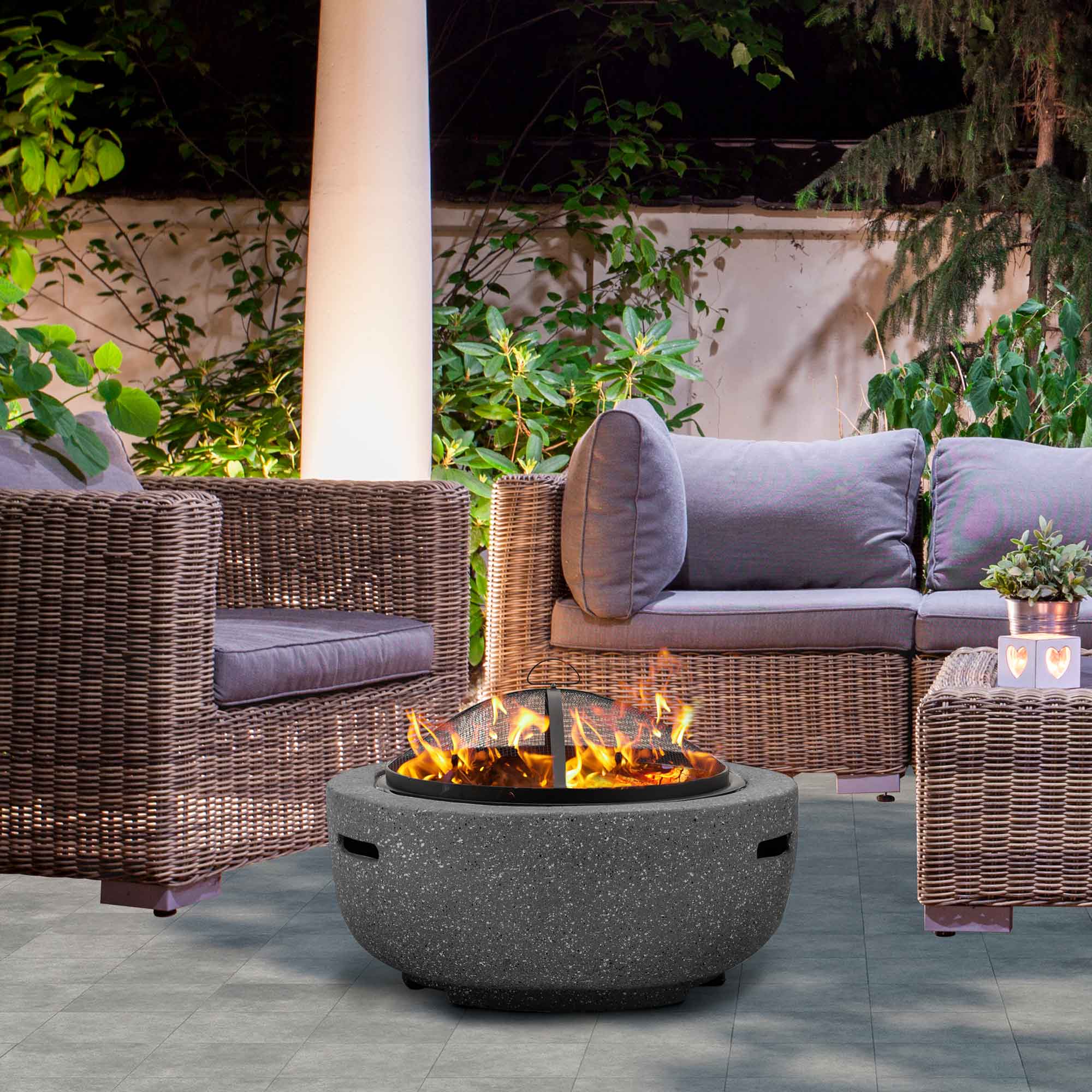 Dark Grey Round MgO Fire Pit with BBQ Grill - 60cm Diameter, Safety Mesh Screen - Perfect for Backyard Camping, Patio Gatherings & Outdoor Cooking
