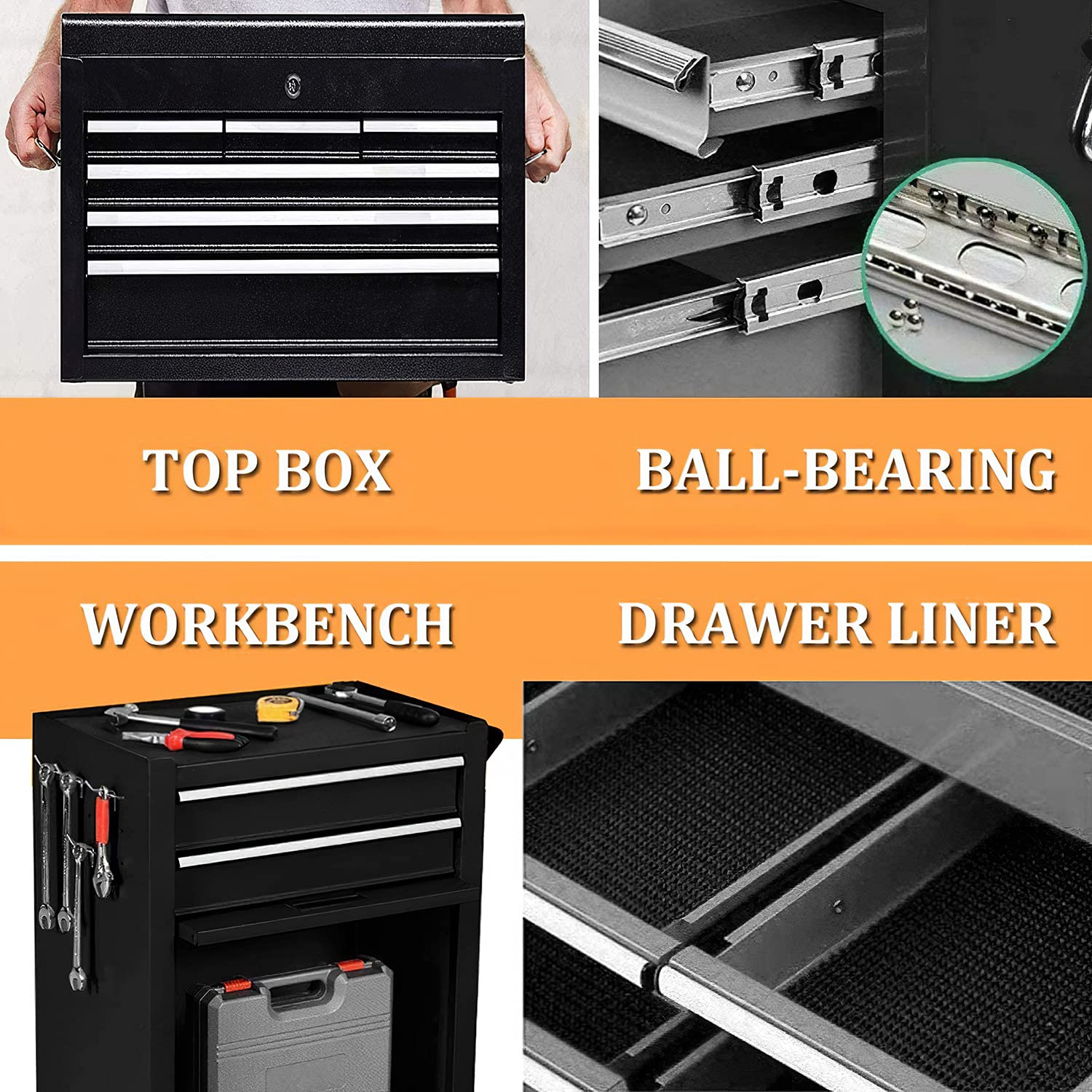 8-Drawer Rolling Tool Chest Organizer - Heavy Duty Tool Storage Cabinet with Lock & Wheels, Portable Tool Box for Garage, Workshop, Warehouse, Auto Repair & DIY Projects (Black)