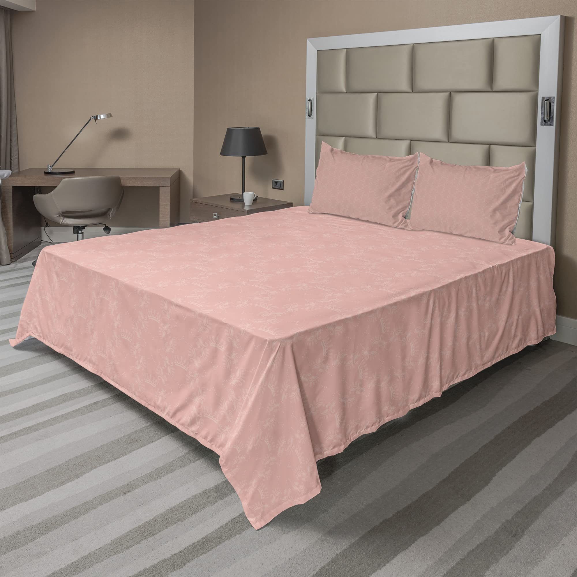 Ambesonne Peach Crown & Floral Abstract Bed Sheet Set - Soft Faded Monochrome Design, 4-Piece Queen Size with Fitted Sheet, Flat Sheet & Pillowcases - Coral Accent Bedding for Master Bedroom, Guest Room & Cozy Home Decor
