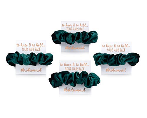 Velvet Bridesmaid Proposal Gift Scrunchies - 4 Pack Emerald Green Hair Scrunchies with Foil Gift Cards for Wedding Party, Bridesmaid Proposal, Bachelorette Party & Special Occasions
