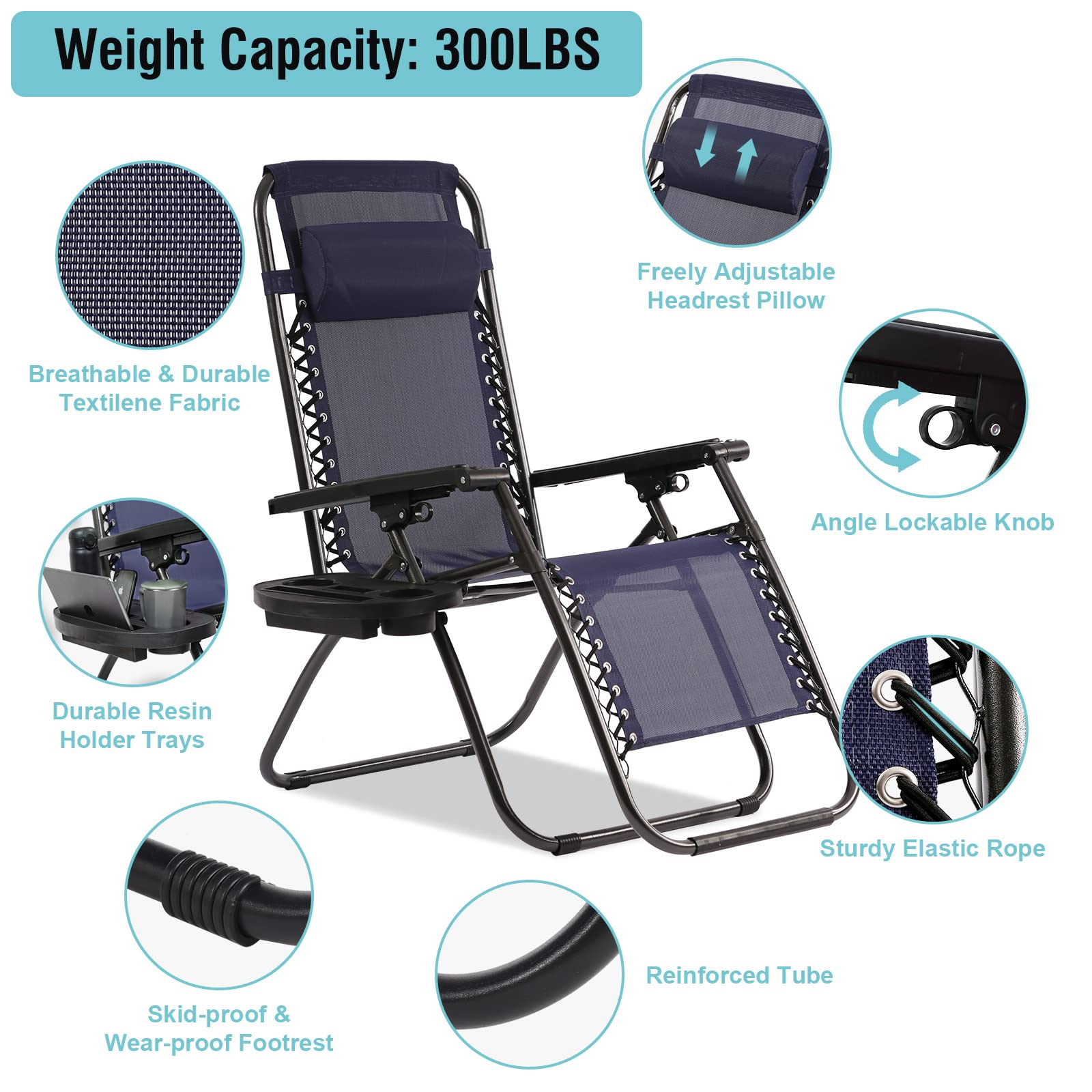 Premium Zero Gravity Lounge Chair Set of 2 - Adjustable Outdoor Recliners with Pillow & Utility Tray - Patio, Poolside, Beach, Camping & Deck Chairs - Perfect for Relaxing, Sunbathing & Backyard Lounging (Blue)