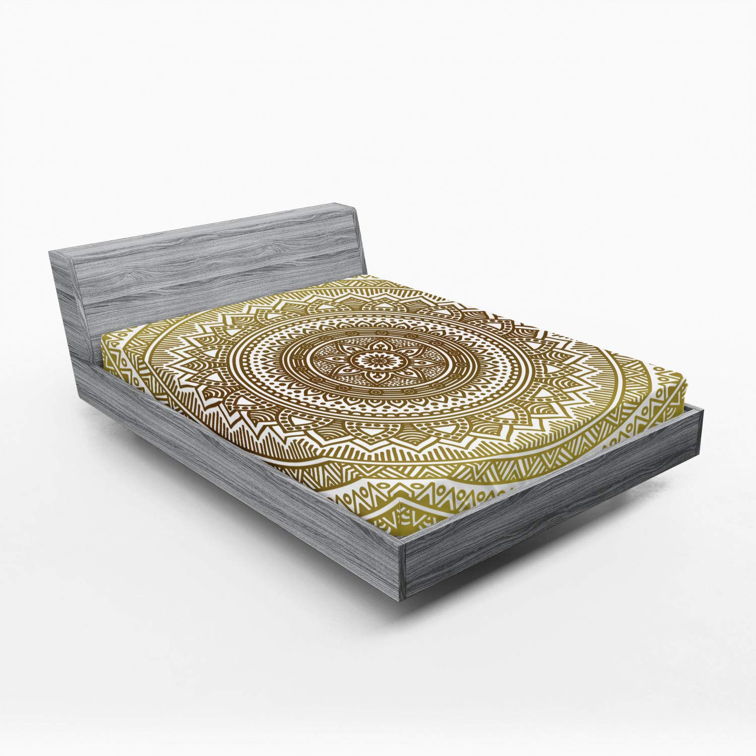 Ambesonne Mandala Fitted Queen Sheet - Ombre Flower Ethnic Print Hippie Design Bed Cover with Deep Pocket Elastic - Mustard & White - Perfect for Bohemian Bedroom Decor & Yoga Retreat Styling