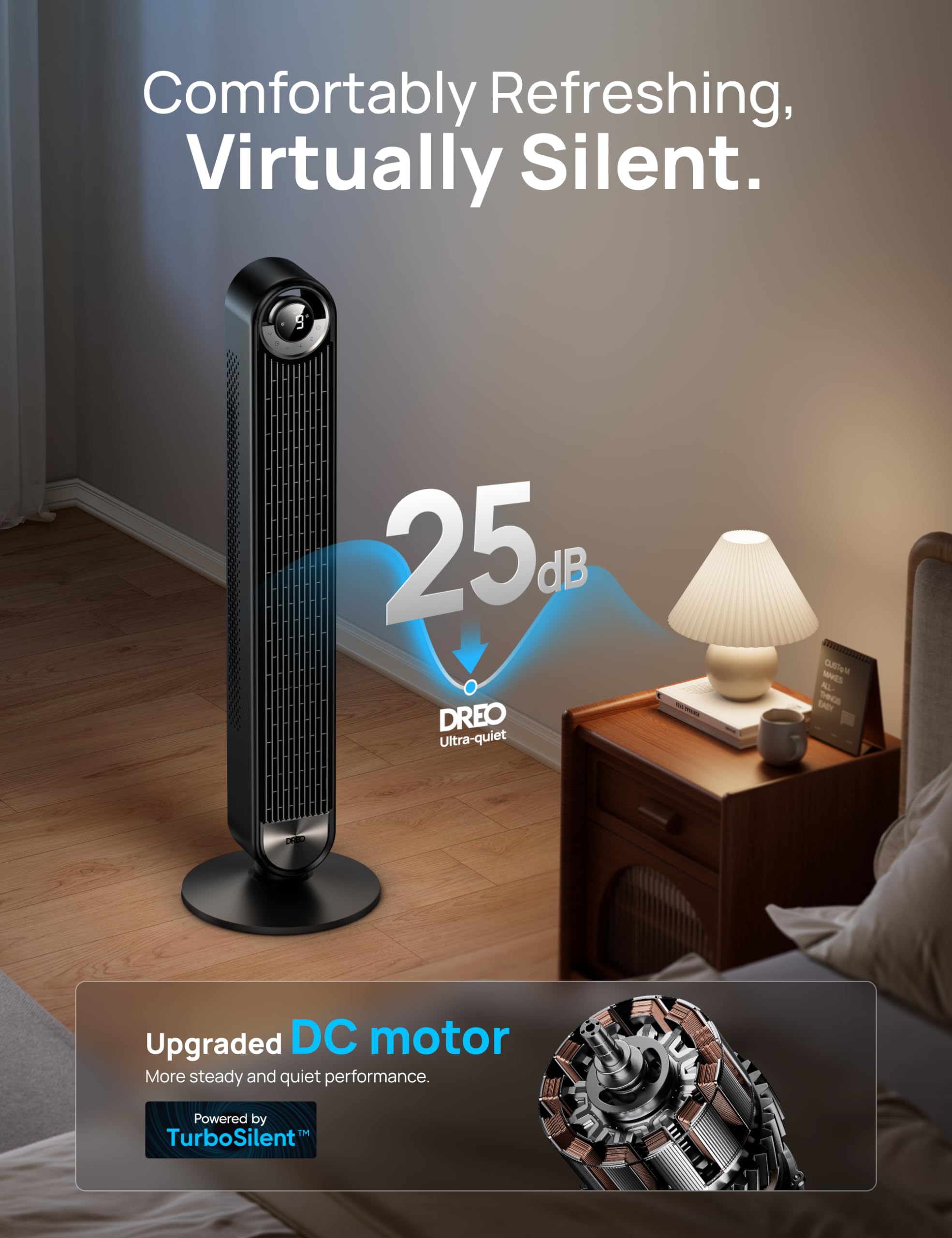 Dreo Bladeless Tower Fan for Bedroom - Ultra Quiet DC Motor with 9 Speeds, 90° Oscillation & 28ft/s Airflow - 12H Timer Standing Floor Fan for Home, Office, Nursery - Perfect for Cooling, White Noise & Air Circulation