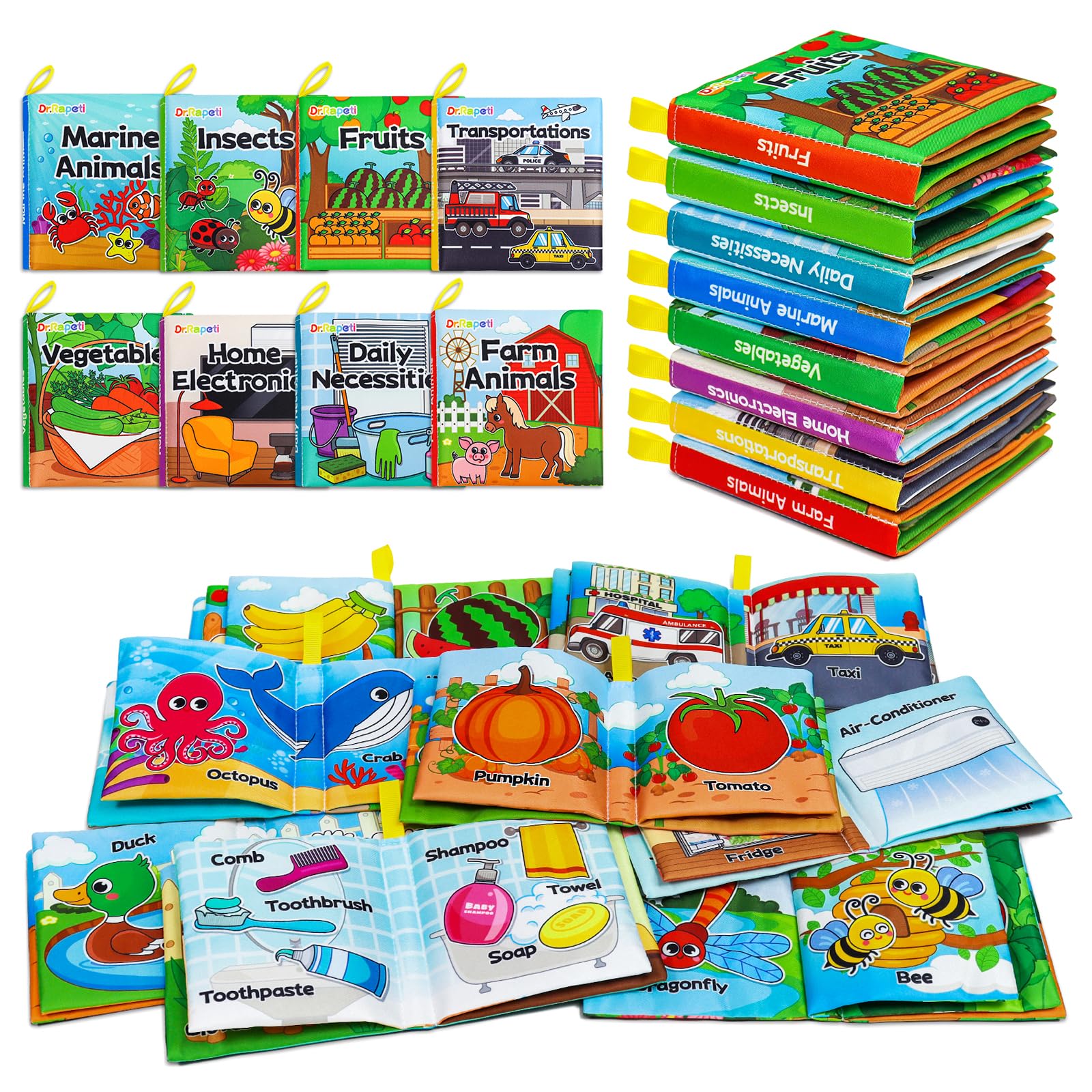 Dr.Rapeti Soft Cloth Baby Books - 8-Pack Crinkle Washable Bath Books for Infants & Toddlers | Early Educational Learning Toys | Perfect Gift for Newborns, Baby Showers & Preschool Learning